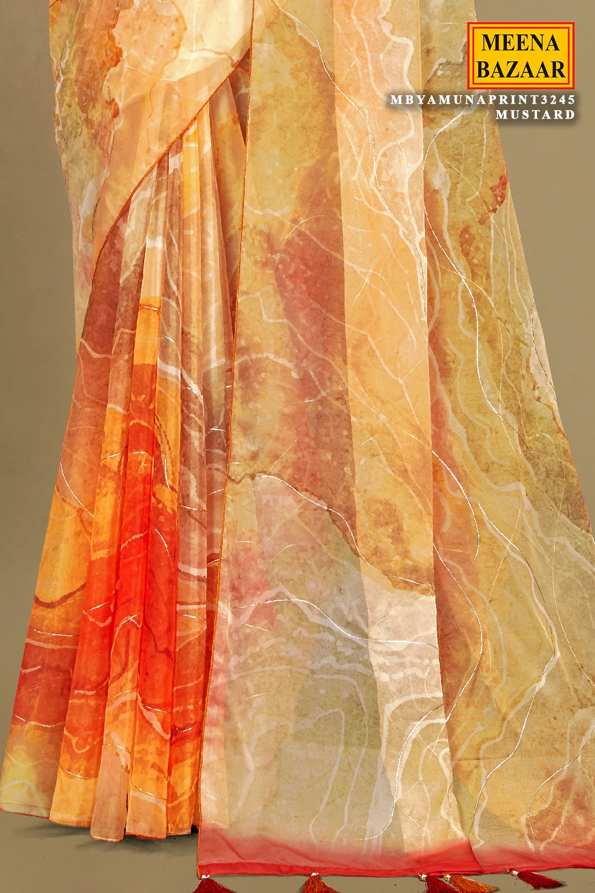 Mustard Organza Printed Saree with Elegant Contemporary Patterns - Image 3