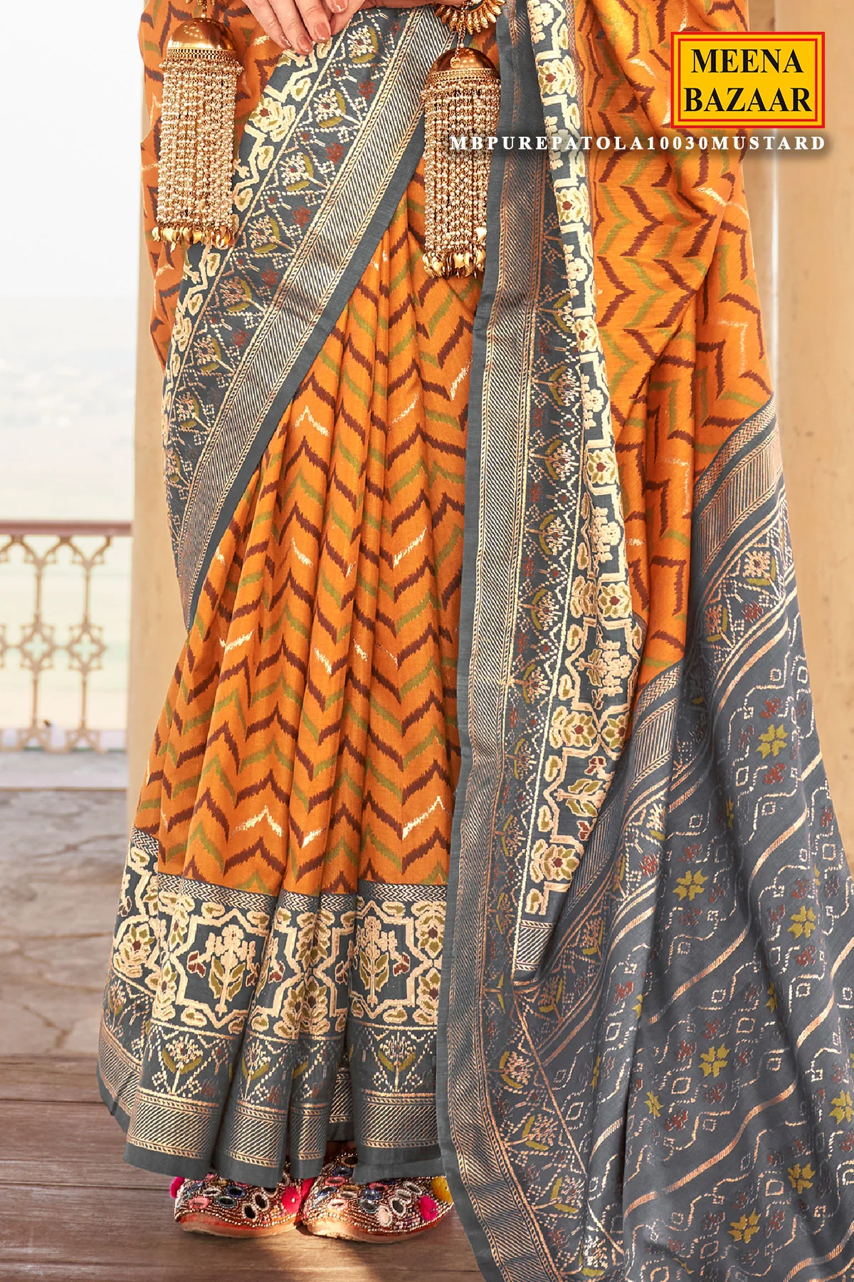 Mustard Patola Printed Silk Saree Traditional Festive & Wedding Wear - Image 3