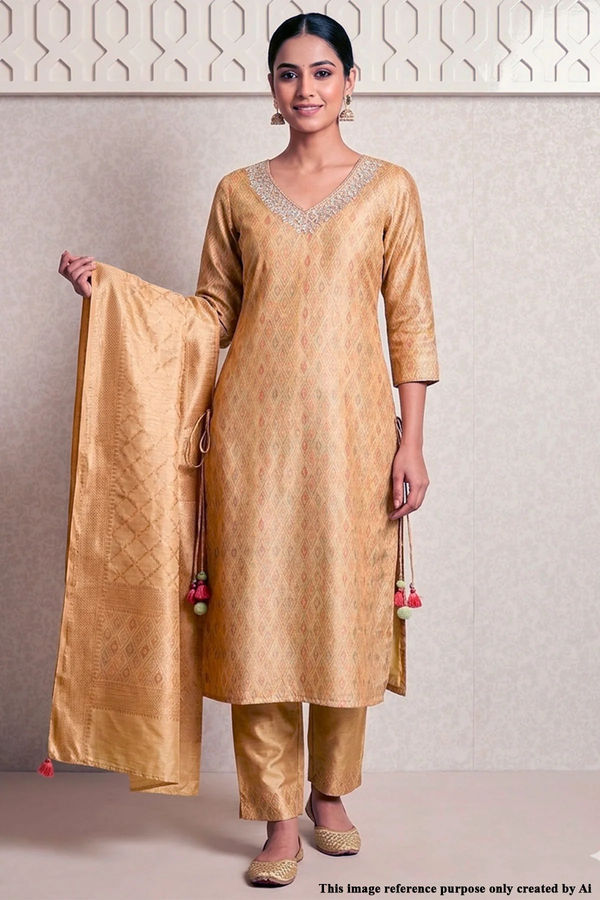 Mustard Printed Chanderi Ready Made Suit – Elegant Ethnic Wear - Image 2