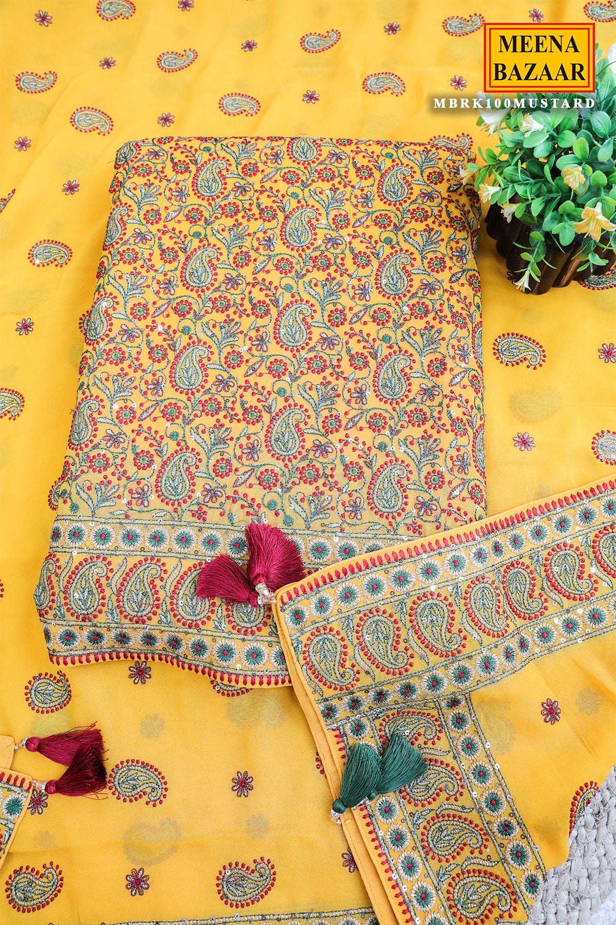 Mustard Resham Thread Embroidered Georgette Unstitched Suit - Image 8