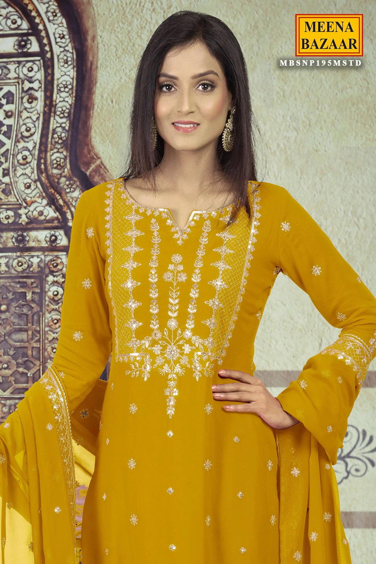Mustard Sequin Georgette Unstitched Suit - Image 2