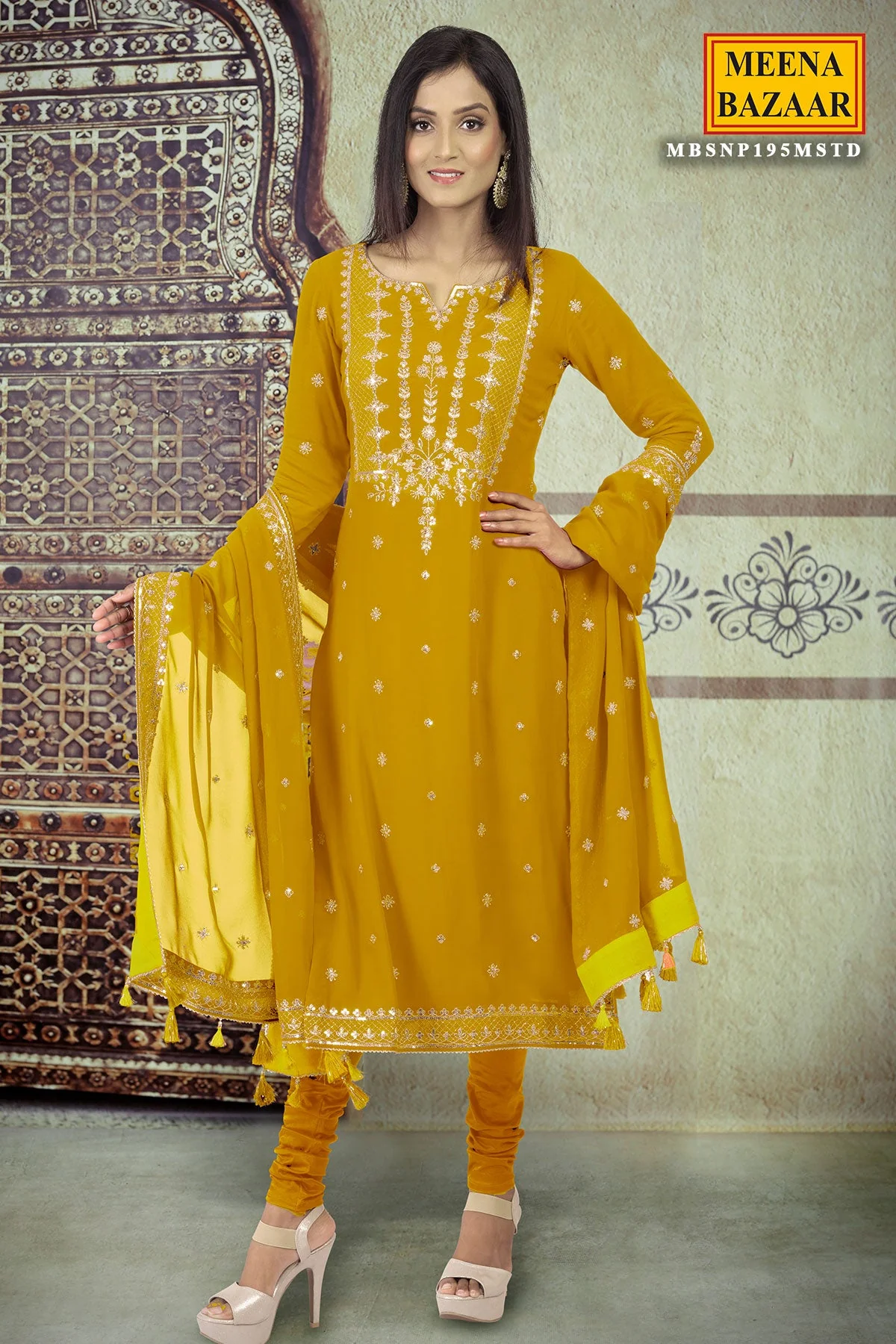 Mustard Sequin Georgette Unstitched Suit - Image 3