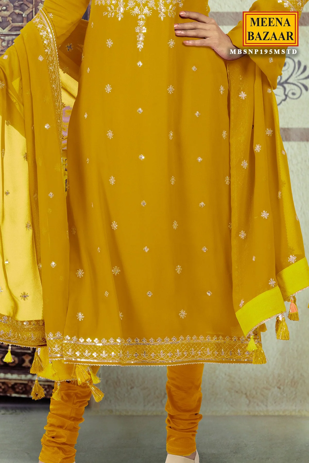 Mustard Sequin Georgette Unstitched Suit - Image 4