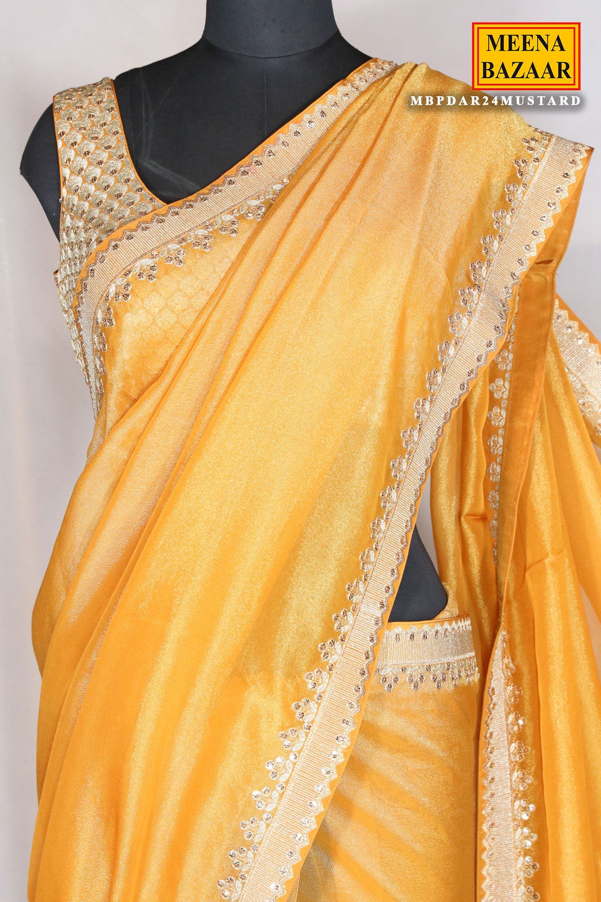 Mustard Shimmer Tissue Zari Embroidered Saree With Ready Blouse - Image 2