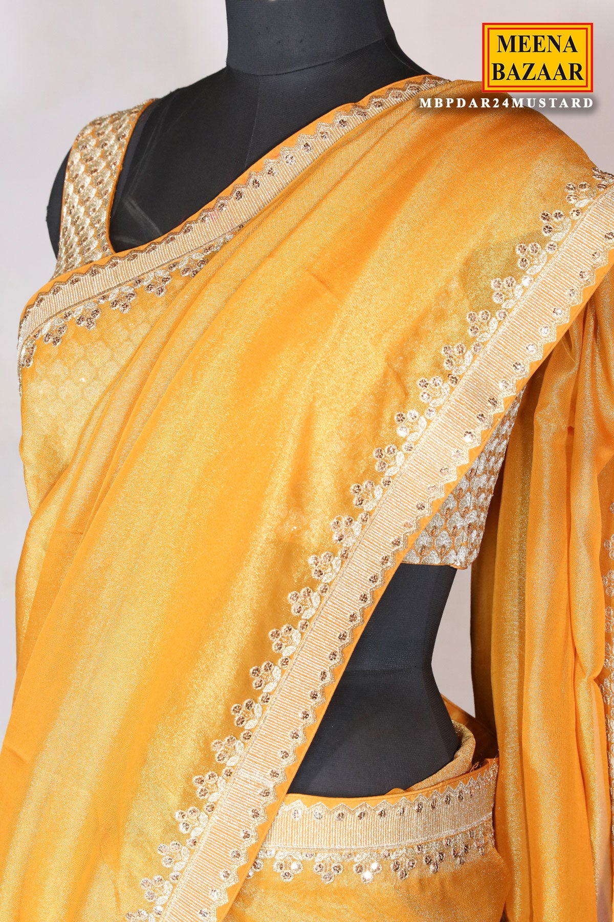 Mustard Shimmer Tissue Zari Embroidered Saree With Ready Blouse - Image 3