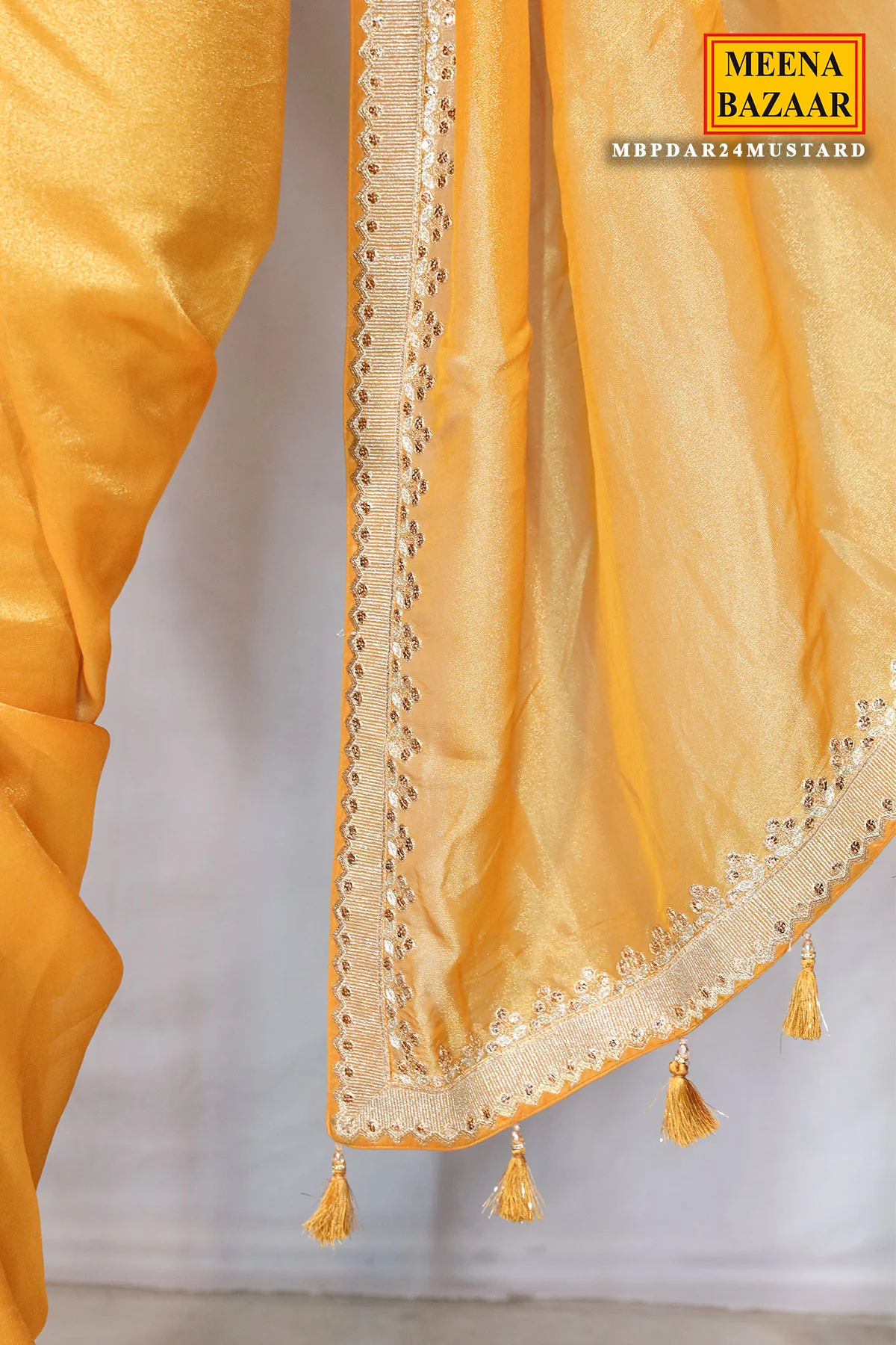 Mustard Shimmer Tissue Zari Embroidered Saree With Ready Blouse - Image 4