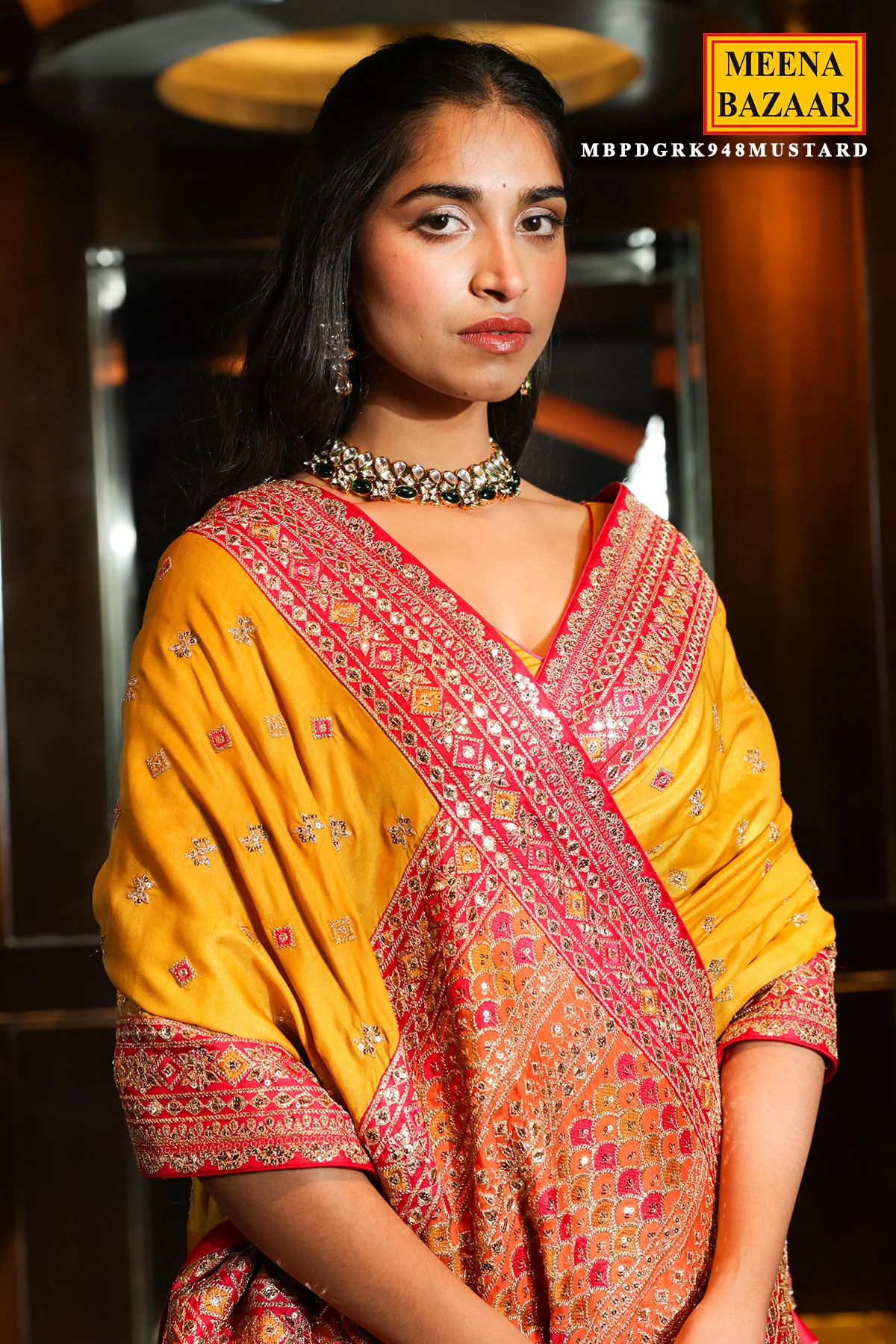 Mustard Silk Embroidered Saree - Image 3