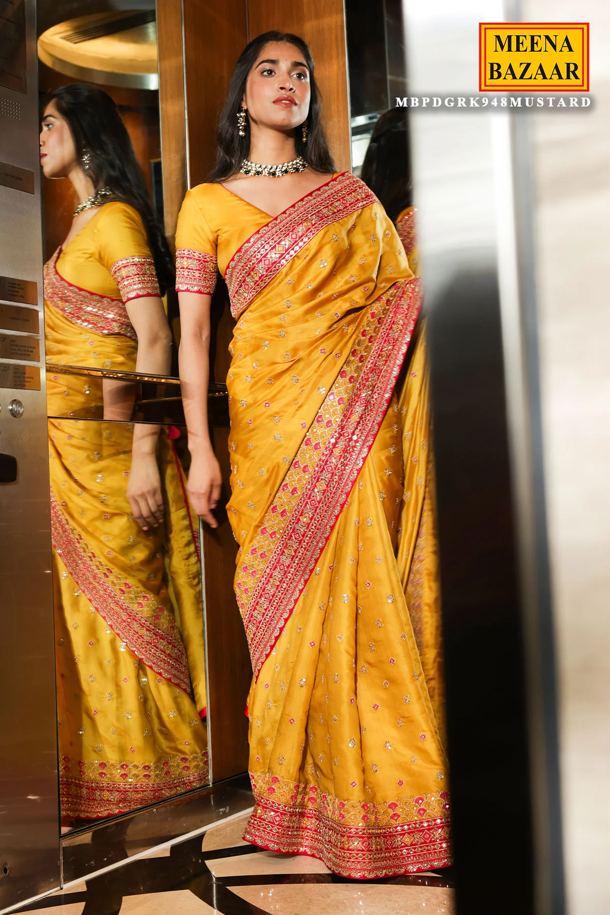 Mustard Silk Embroidered Saree - Image 6