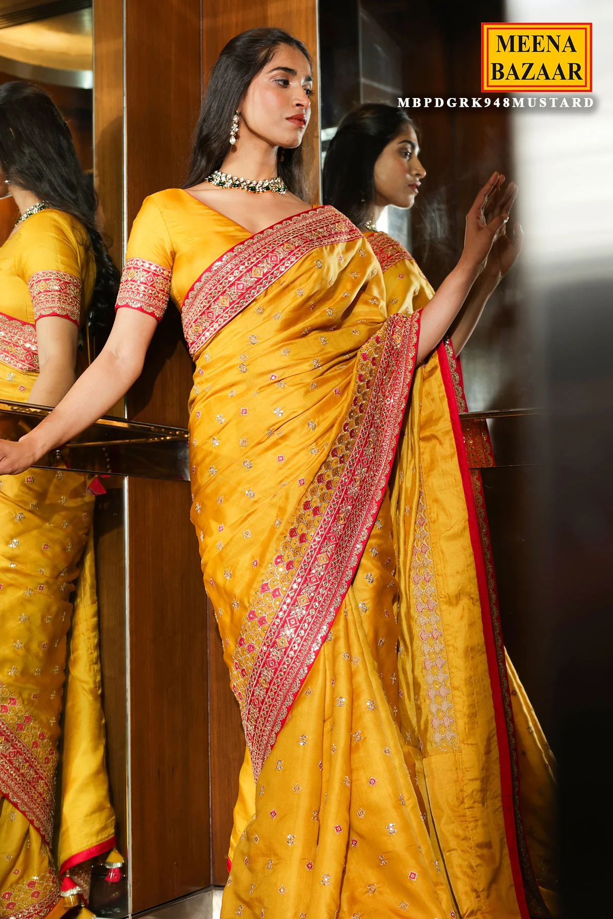 Mustard Silk Embroidered Saree - Image 7