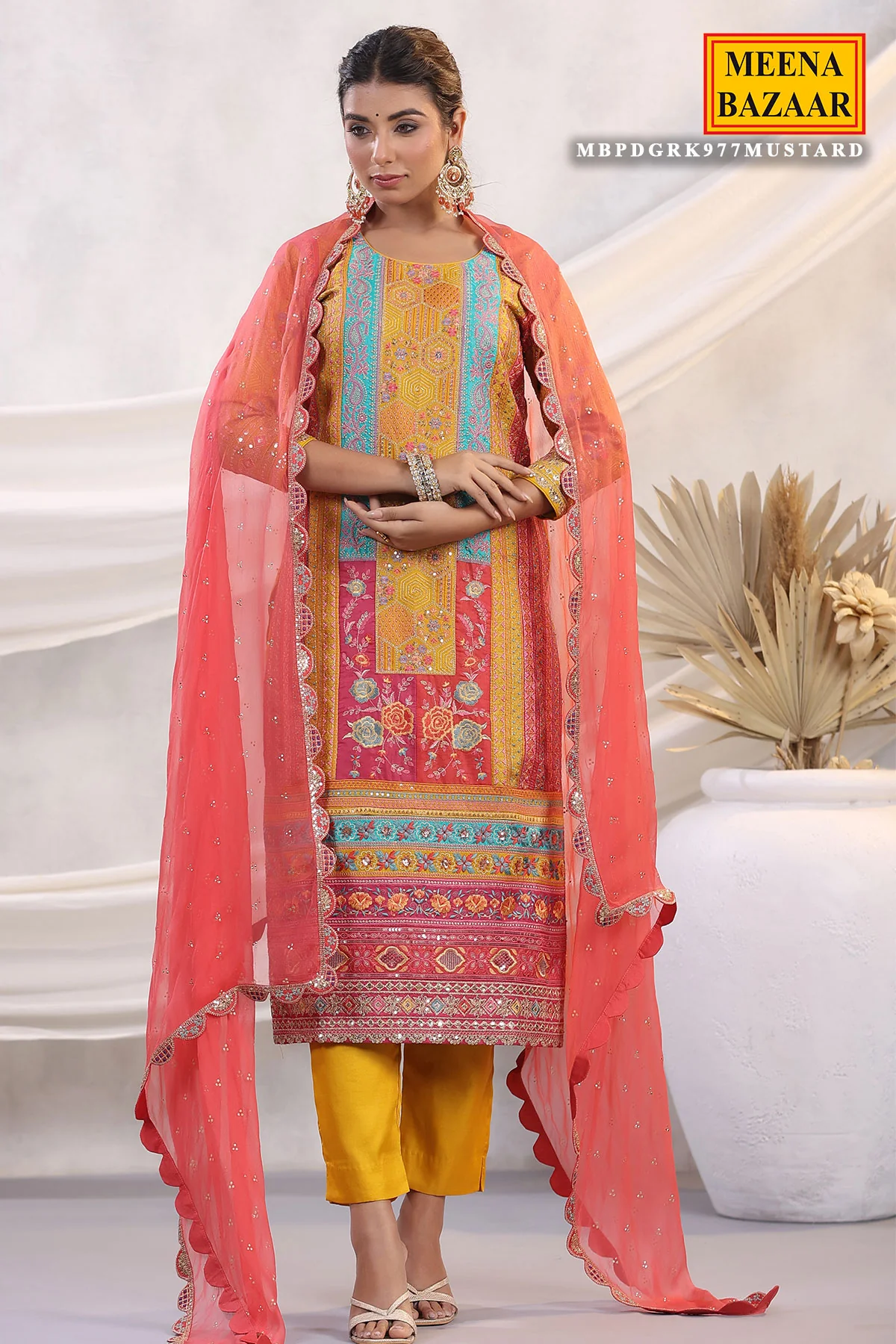 Mustard Silk Floral and Paisley Motif Threadwork and Sequins Embroidered Unstitched Suit - Image 2