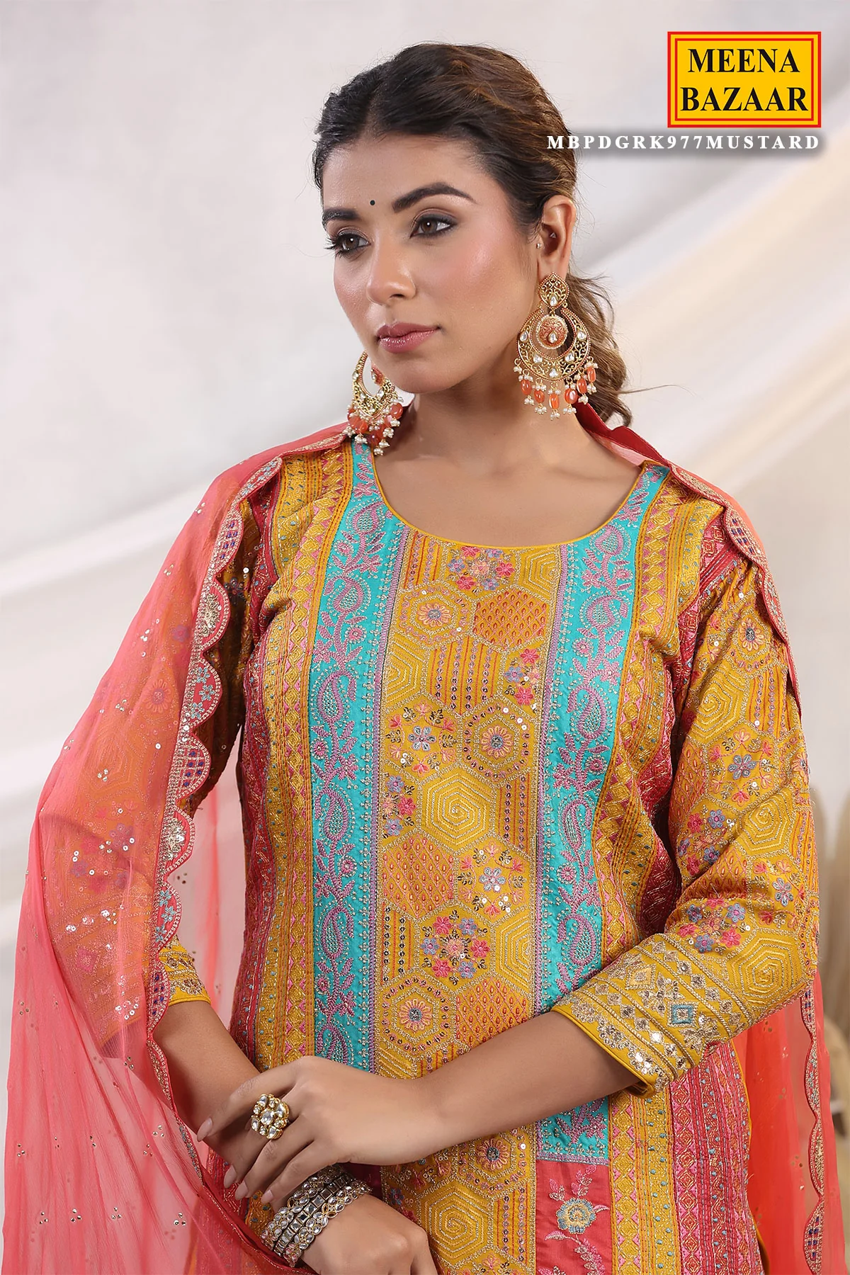 Mustard Silk Floral and Paisley Motif Threadwork and Sequins Embroidered Unstitched Suit - Image 3