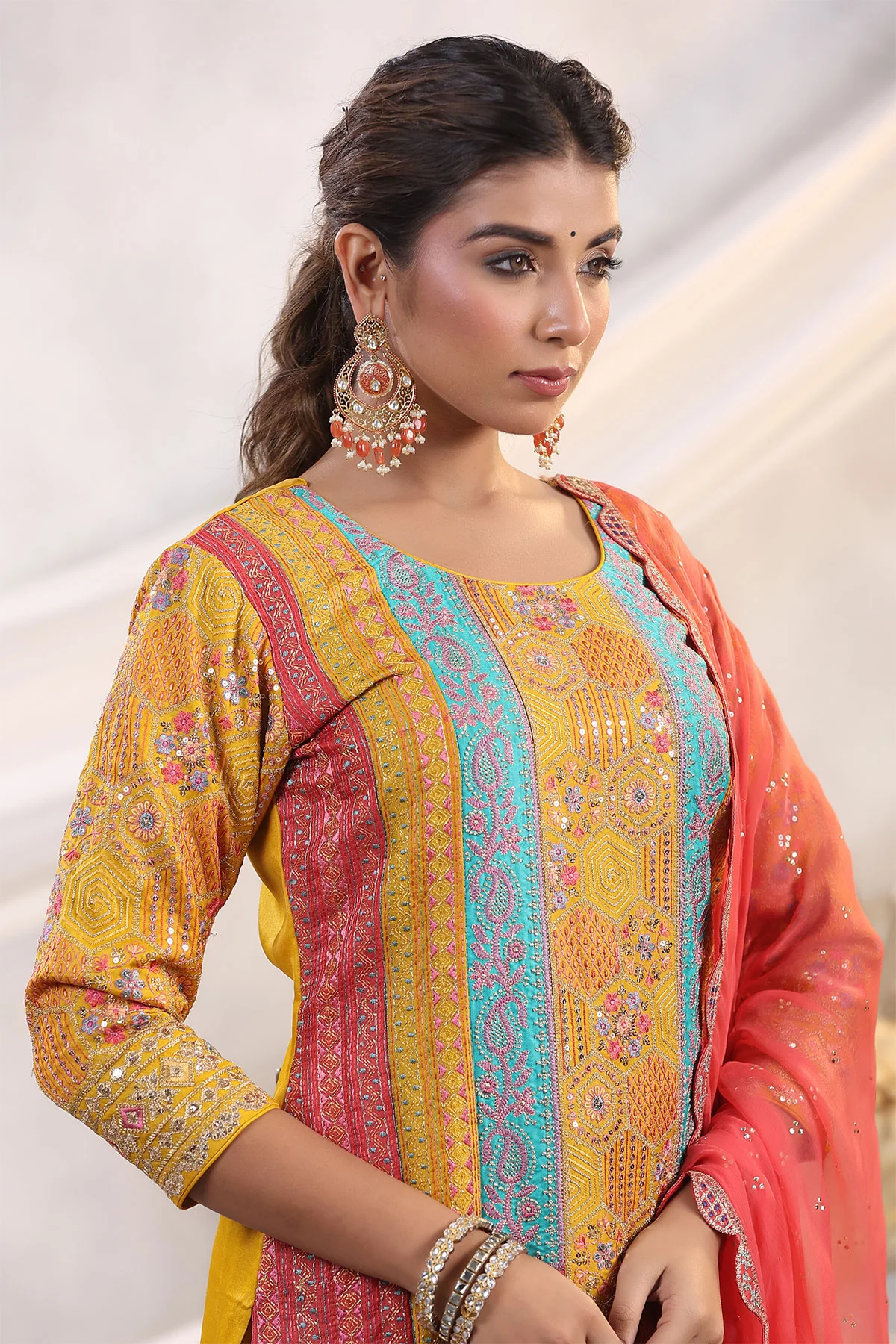 Mustard Silk Floral and Paisley Motif Threadwork and Sequins Embroidered Unstitched Suit - Image 4