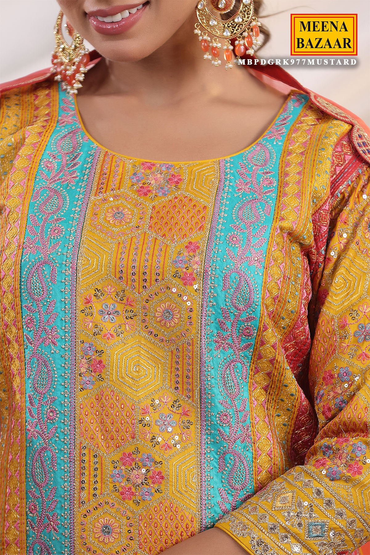 Mustard Silk Floral and Paisley Motif Threadwork and Sequins Embroidered Unstitched Suit - Image 5