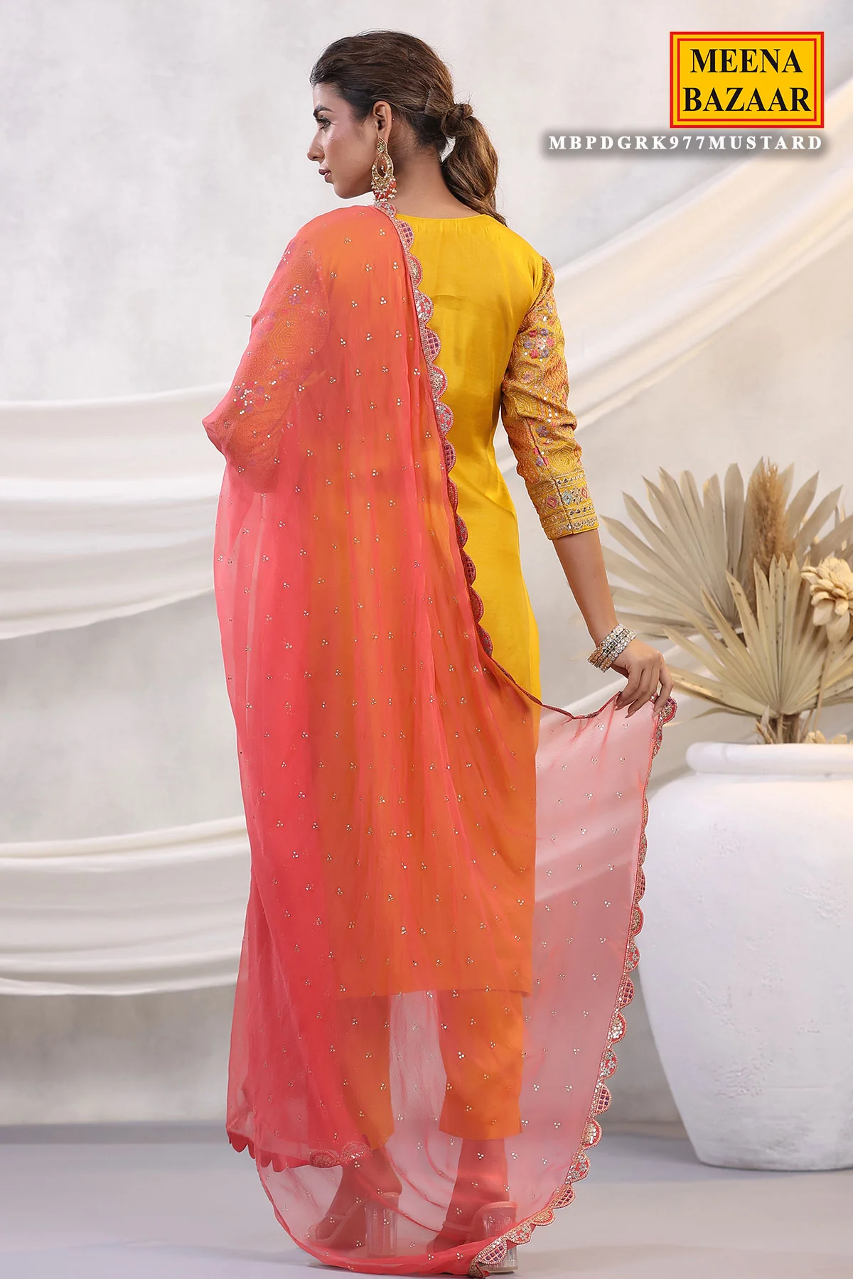 Mustard Silk Floral and Paisley Motif Threadwork and Sequins Embroidered Unstitched Suit - Image 6