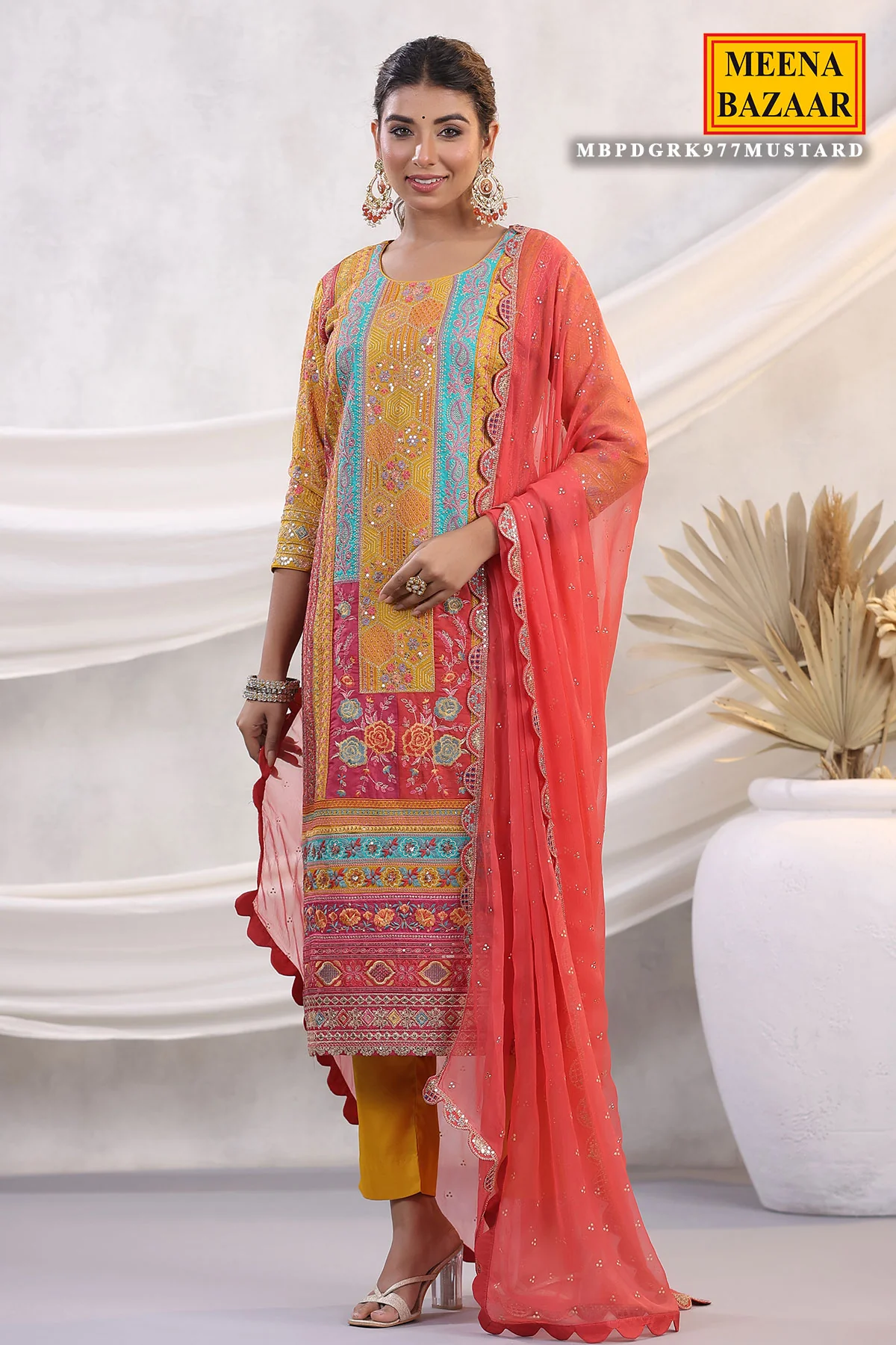 Mustard Silk Floral and Paisley Motif Threadwork and Sequins Embroidered Unstitched Suit - Image 7