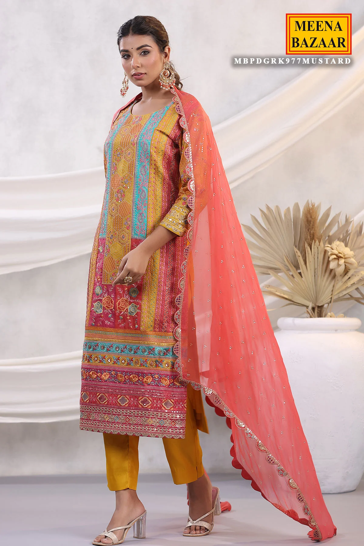 Mustard Silk Floral and Paisley Motif Threadwork and Sequins Embroidered Unstitched Suit - Image 8
