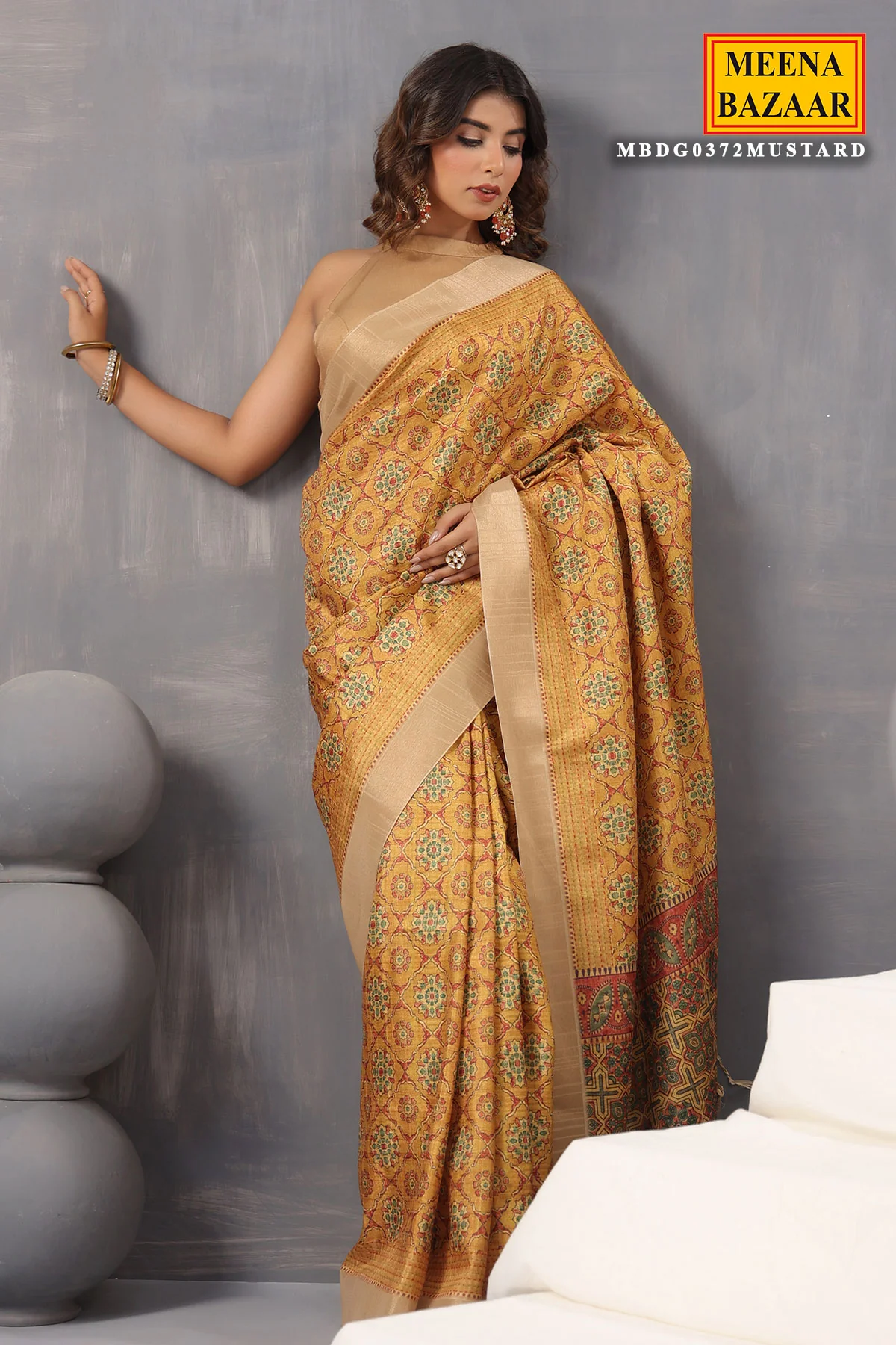 Mustard Silk Printed Saree with Elegant Designer Pattern - Image 5