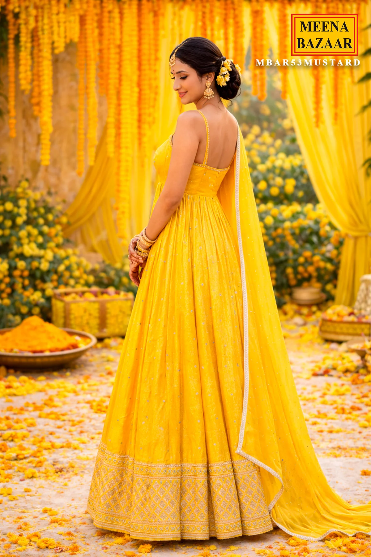 Mustard Silk Ready-Made Gown with Zari, Embroidery & Cutdana Work - Image 5