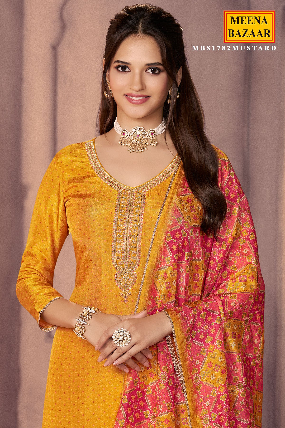 Mustard Silk Ready Made Suit with Neck Embroidery - Image 2