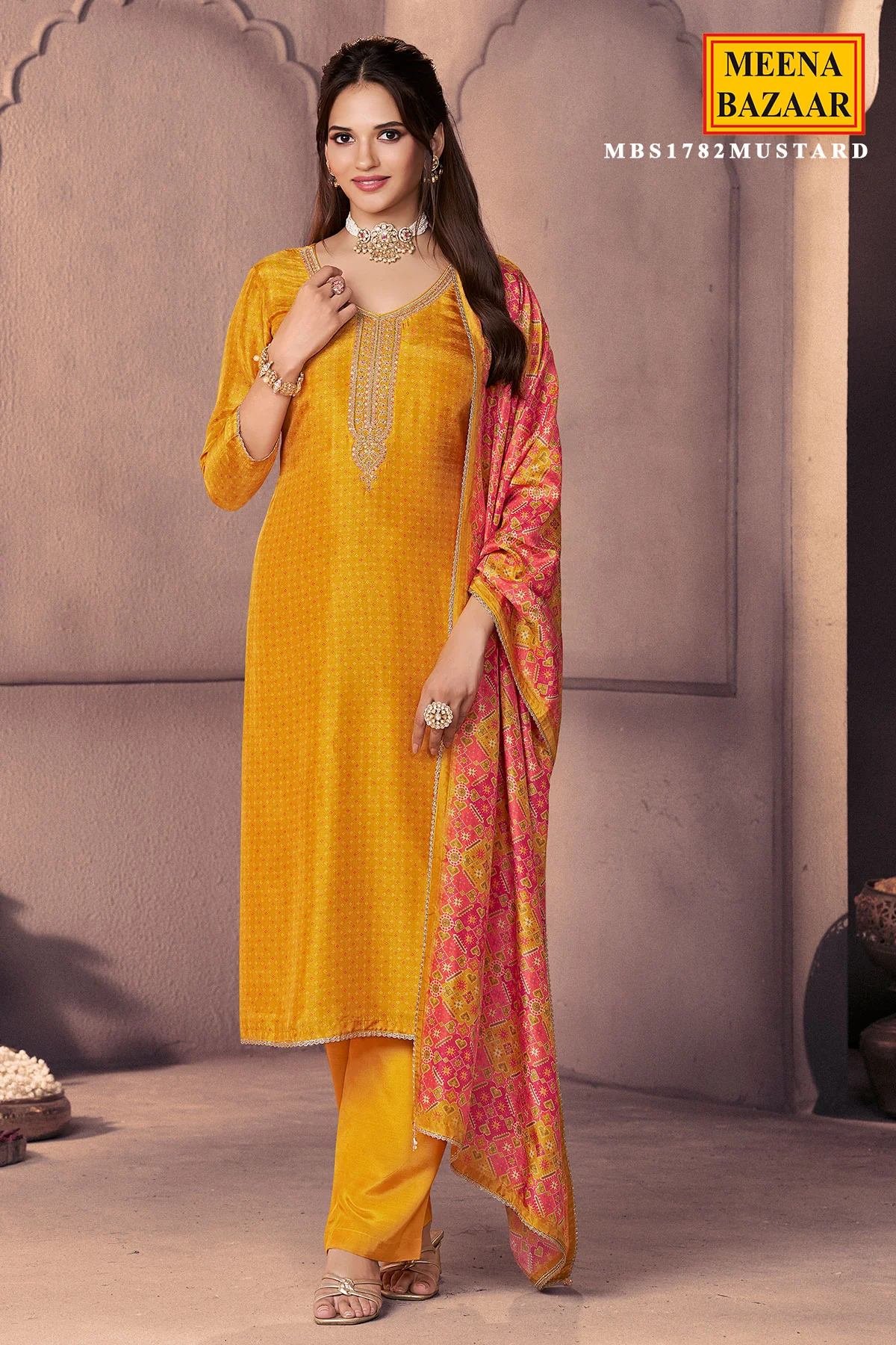 Mustard Silk Ready Made Suit with Neck Embroidery - Image 3