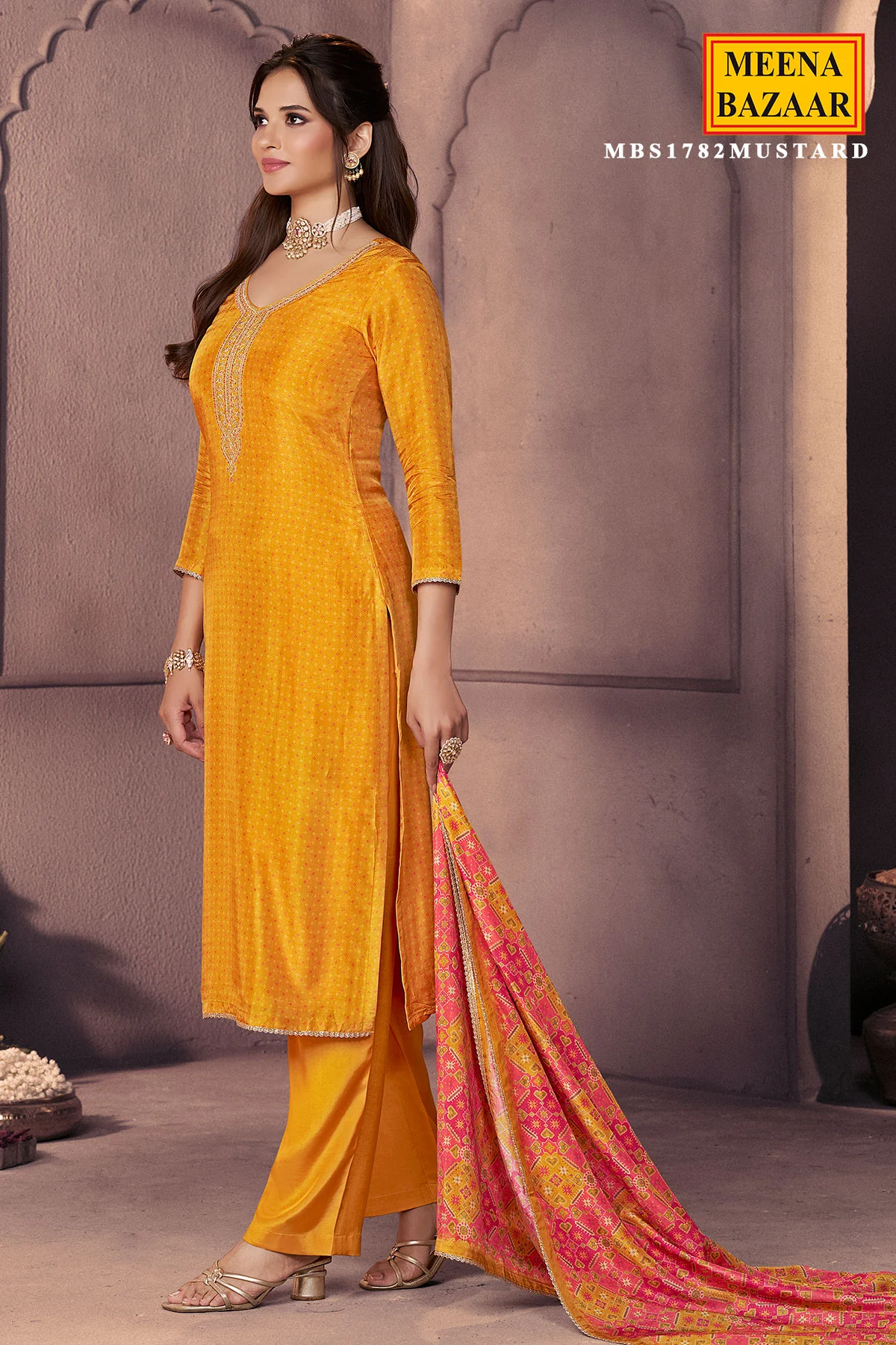 Mustard Silk Ready Made Suit with Neck Embroidery - Image 5
