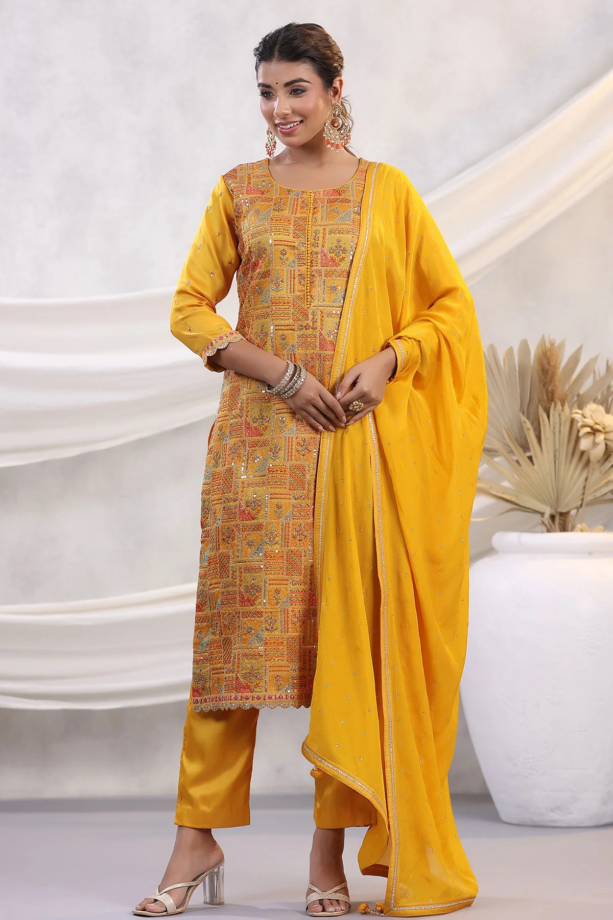 Mustard Silk Threadwork Zari and Sequins Embroidered Unstitched Suit