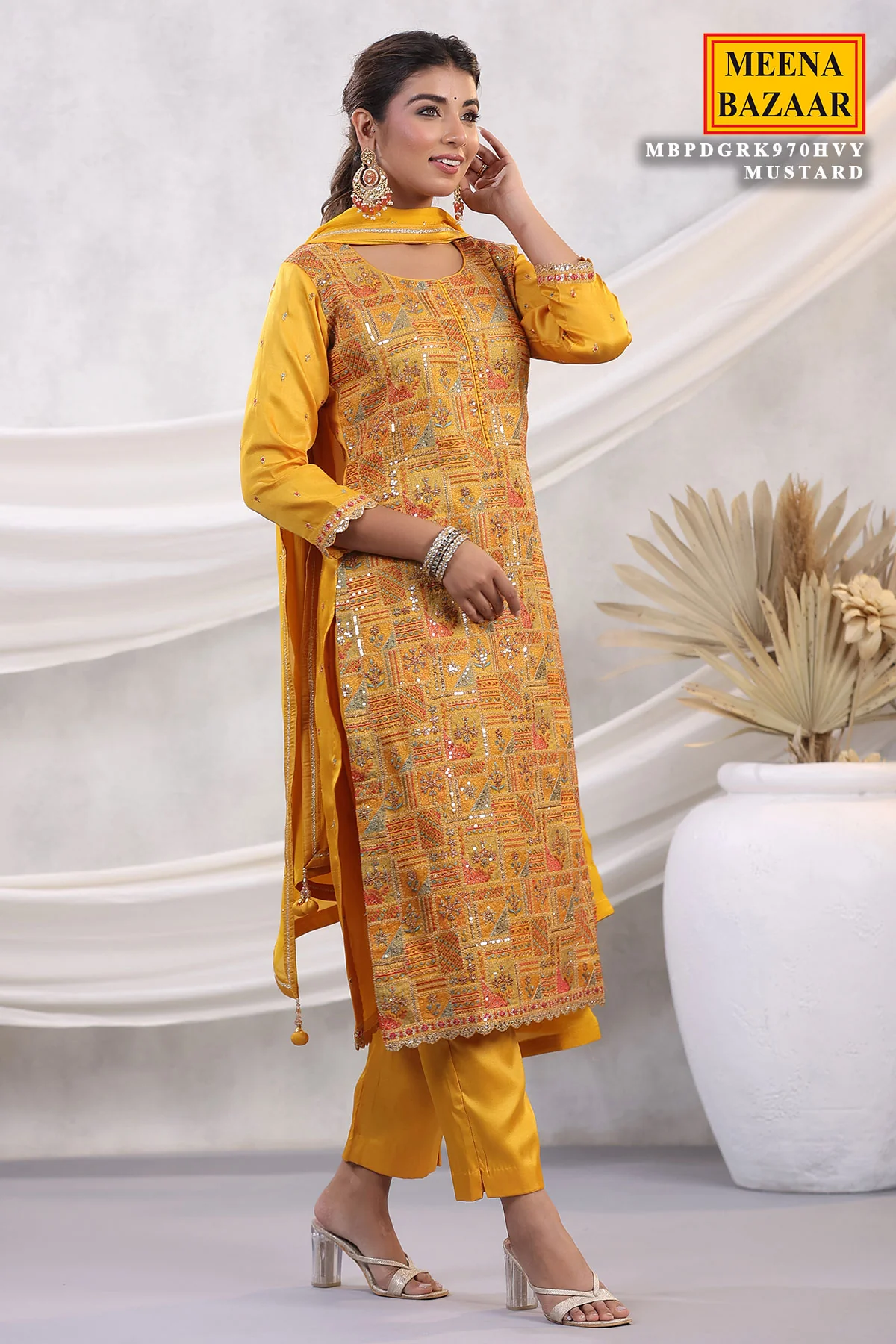 Mustard Silk Threadwork Zari and Sequins Embroidered Unstitched Suit - Image 2