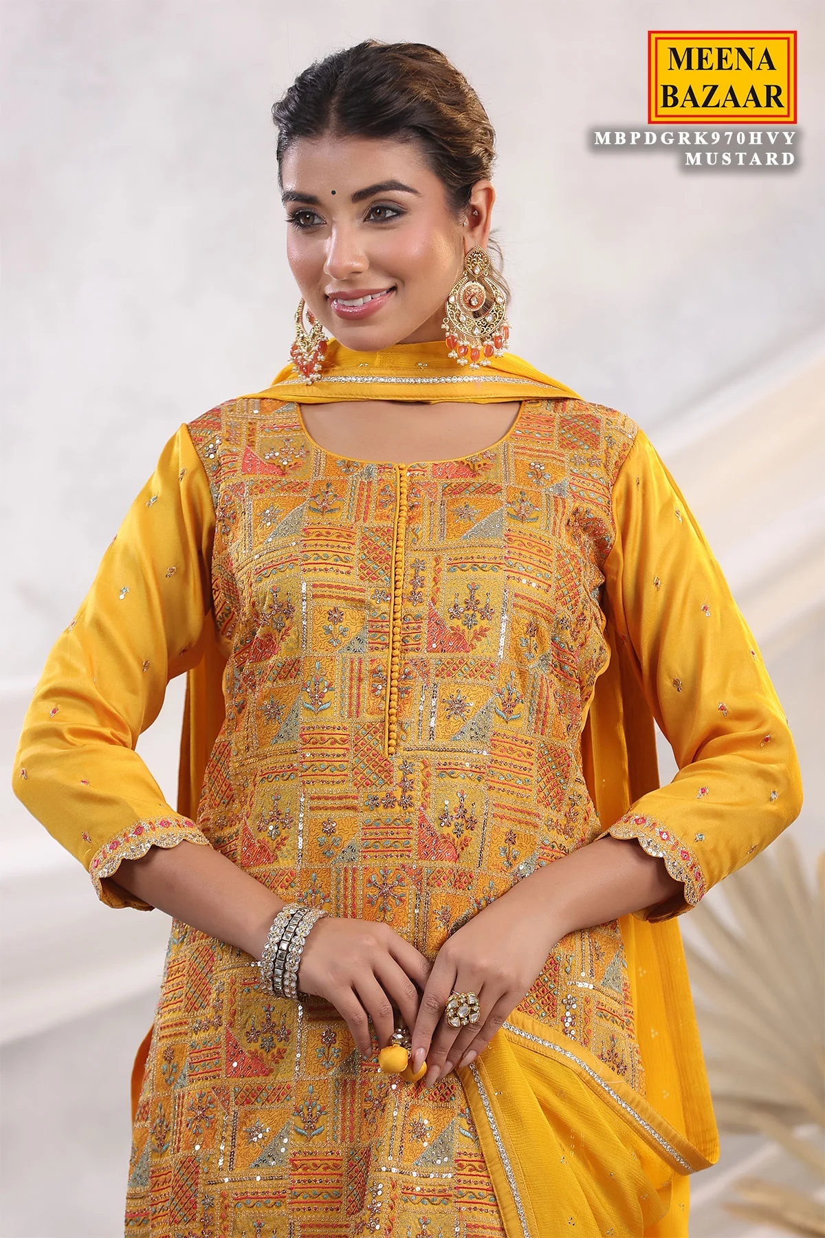 Mustard Silk Threadwork Zari and Sequins Embroidered Unstitched Suit - Image 3