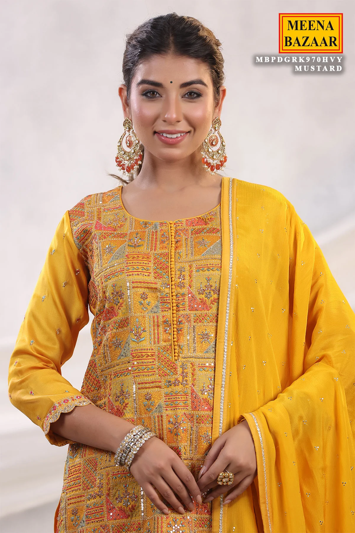 Mustard Silk Threadwork Zari and Sequins Embroidered Unstitched Suit - Image 4
