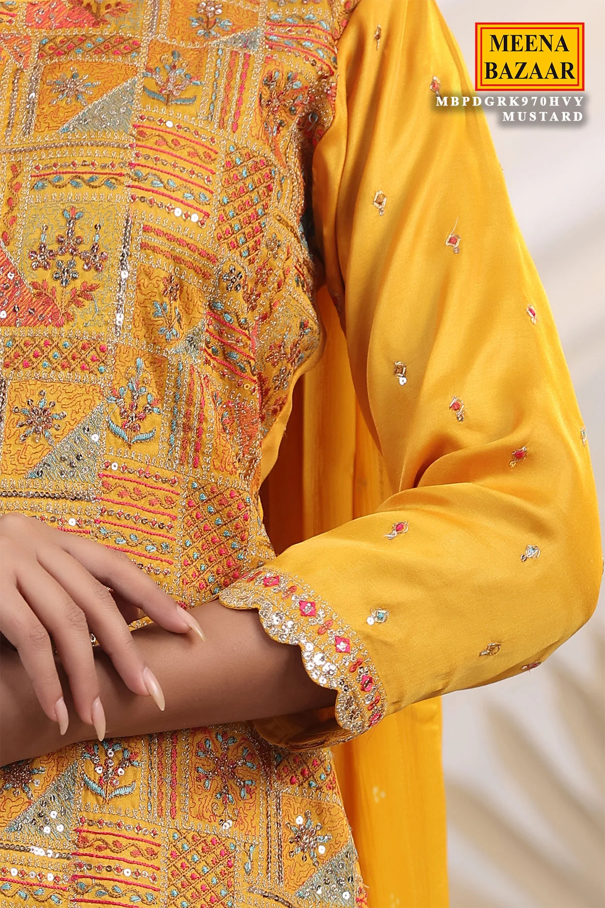 Mustard Silk Threadwork Zari and Sequins Embroidered Unstitched Suit - Image 5