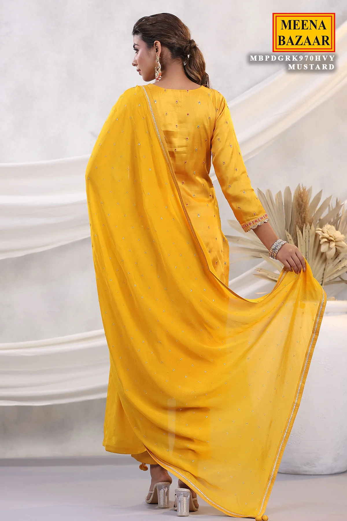 Mustard Silk Threadwork Zari and Sequins Embroidered Unstitched Suit - Image 6