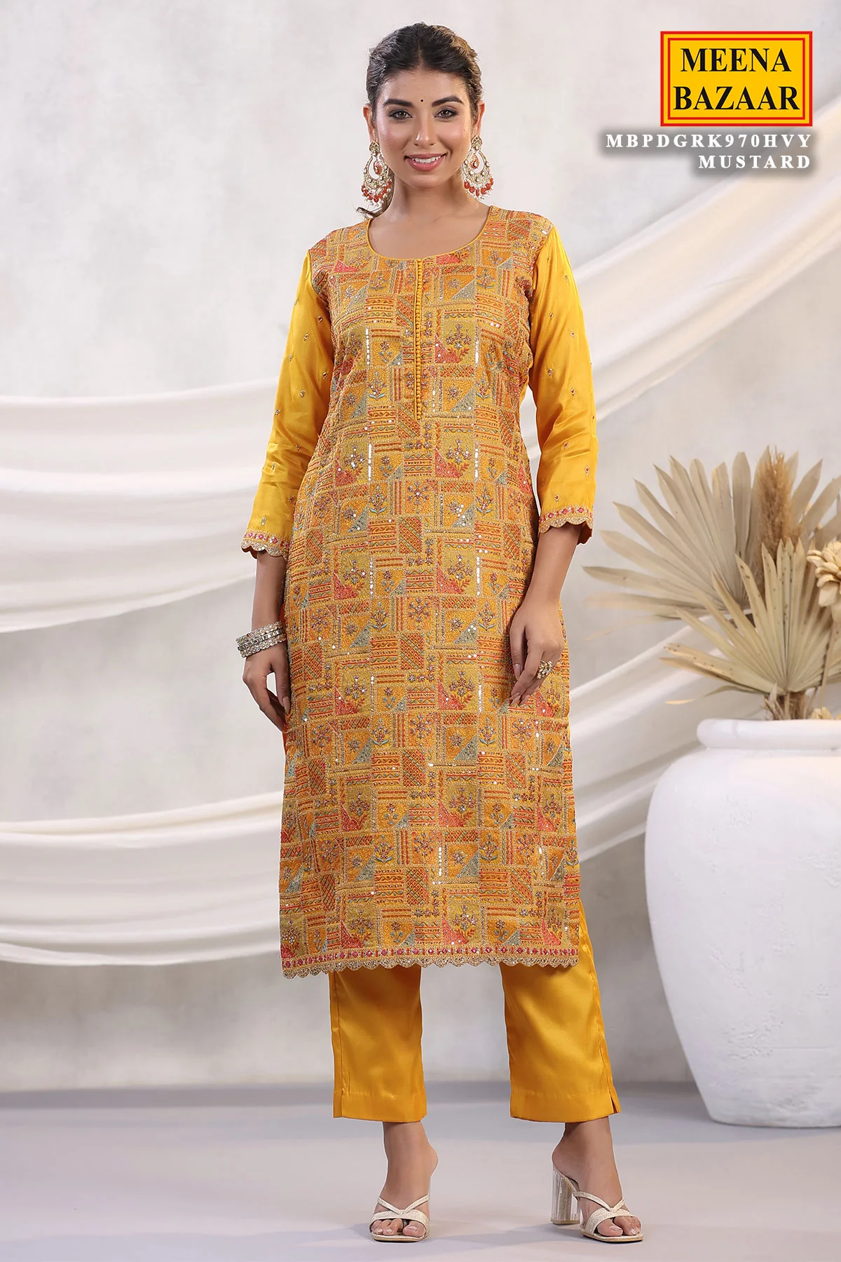Mustard Silk Threadwork Zari and Sequins Embroidered Unstitched Suit - Image 7