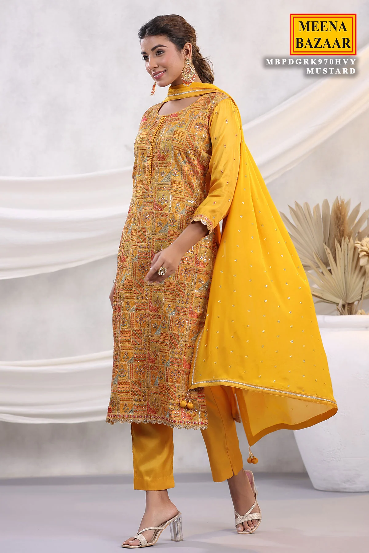 Mustard Silk Threadwork Zari and Sequins Embroidered Unstitched Suit - Image 8
