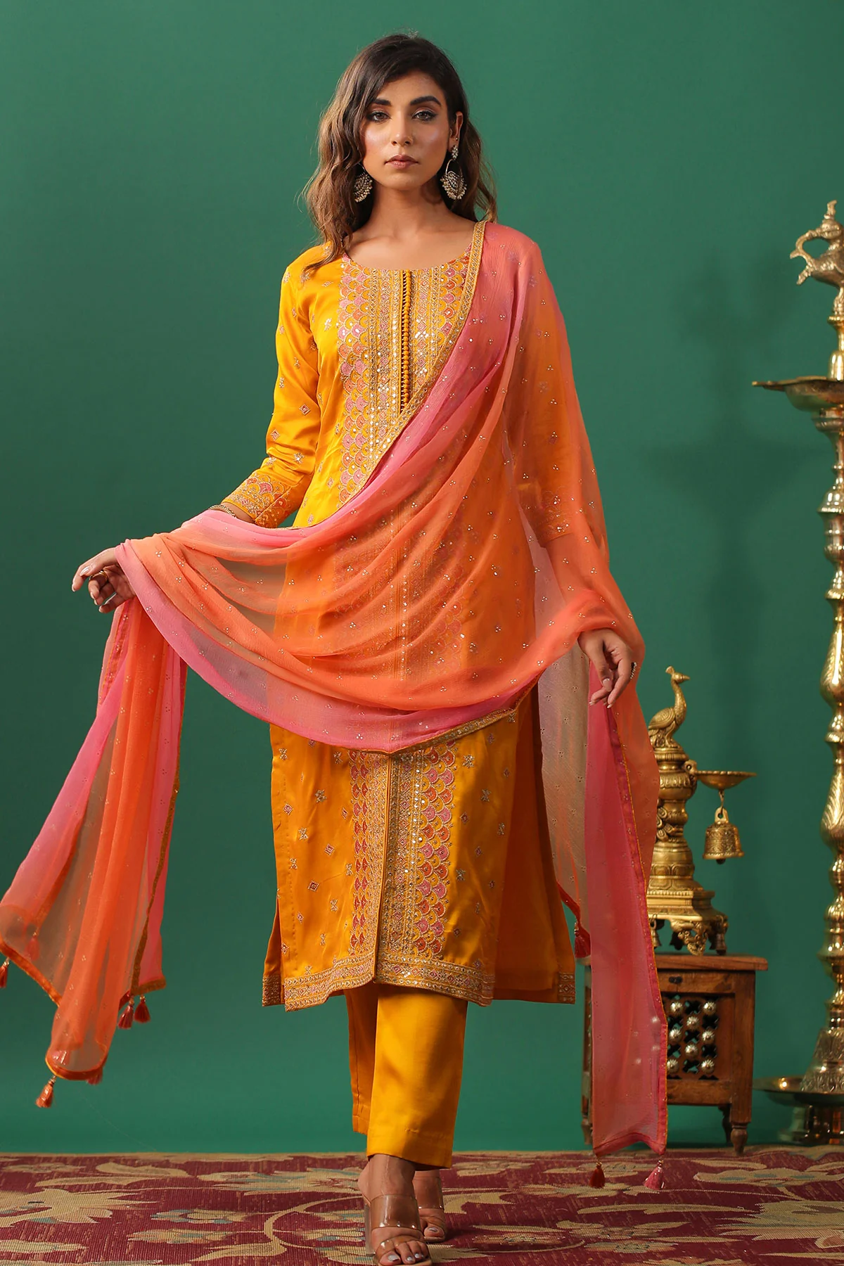 Mustard Silk Zari and Sequins Embroidered Unstitched Suit