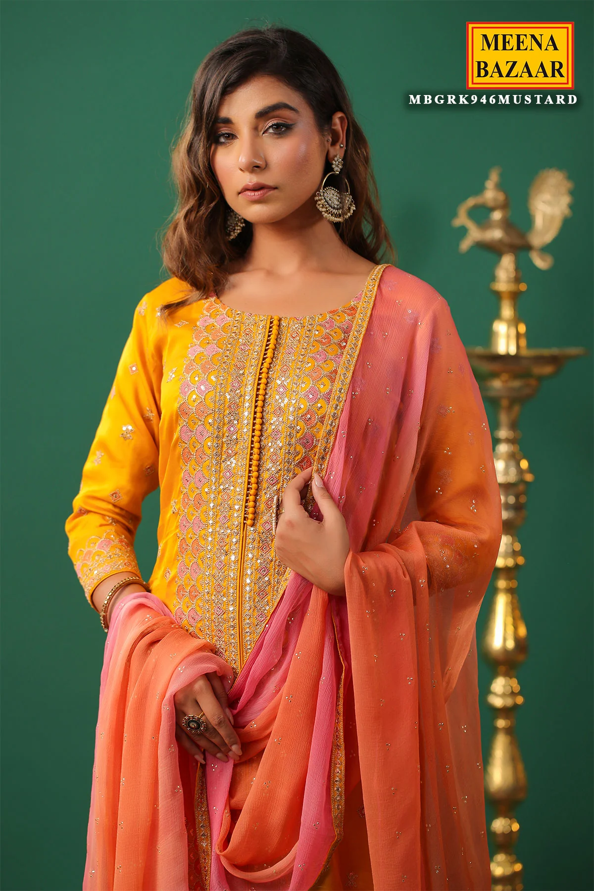 Mustard Silk Zari and Sequins Embroidered Unstitched Suit - Image 2