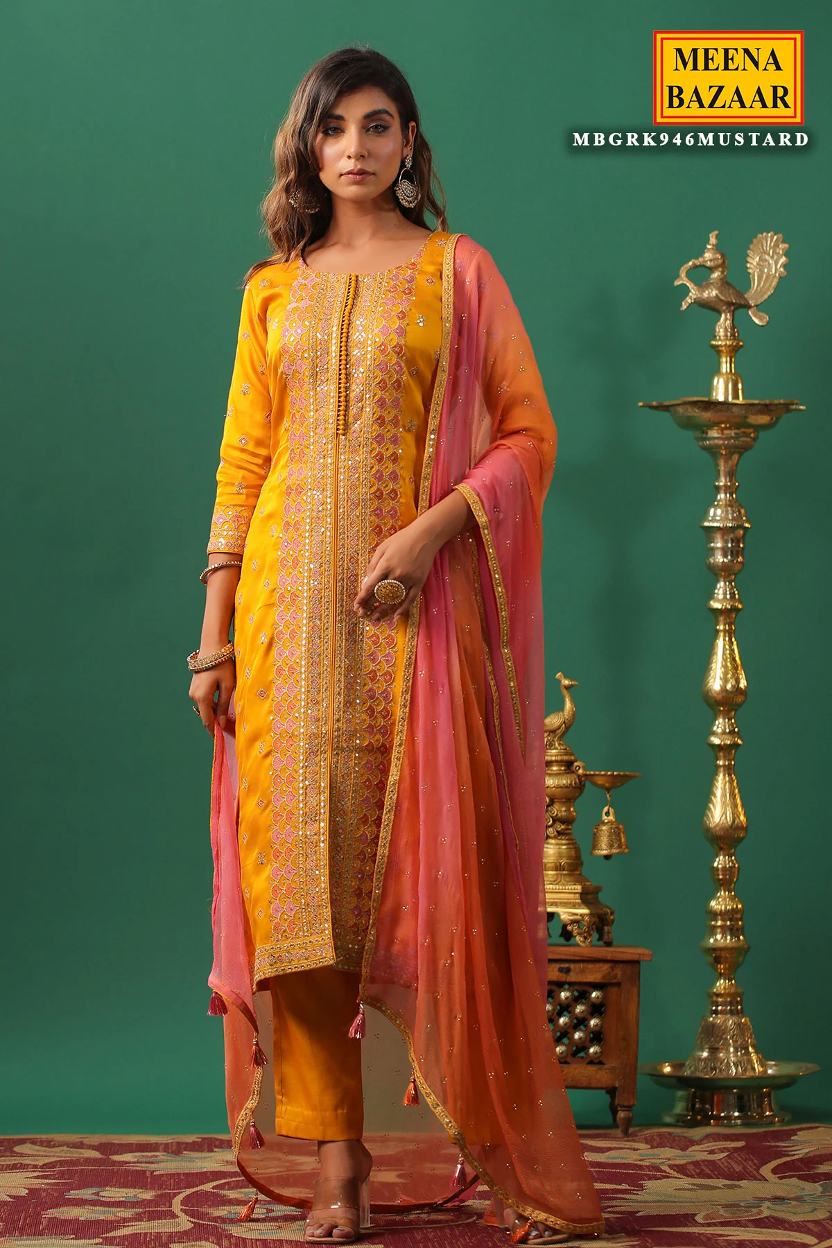 Mustard Silk Zari and Sequins Embroidered Unstitched Suit - Image 3
