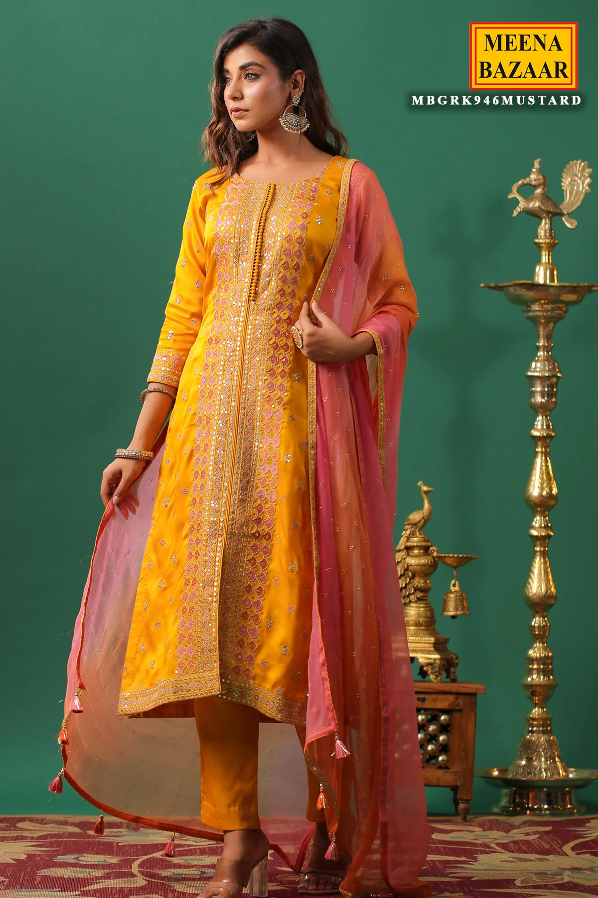 Mustard Silk Zari and Sequins Embroidered Unstitched Suit - Image 4