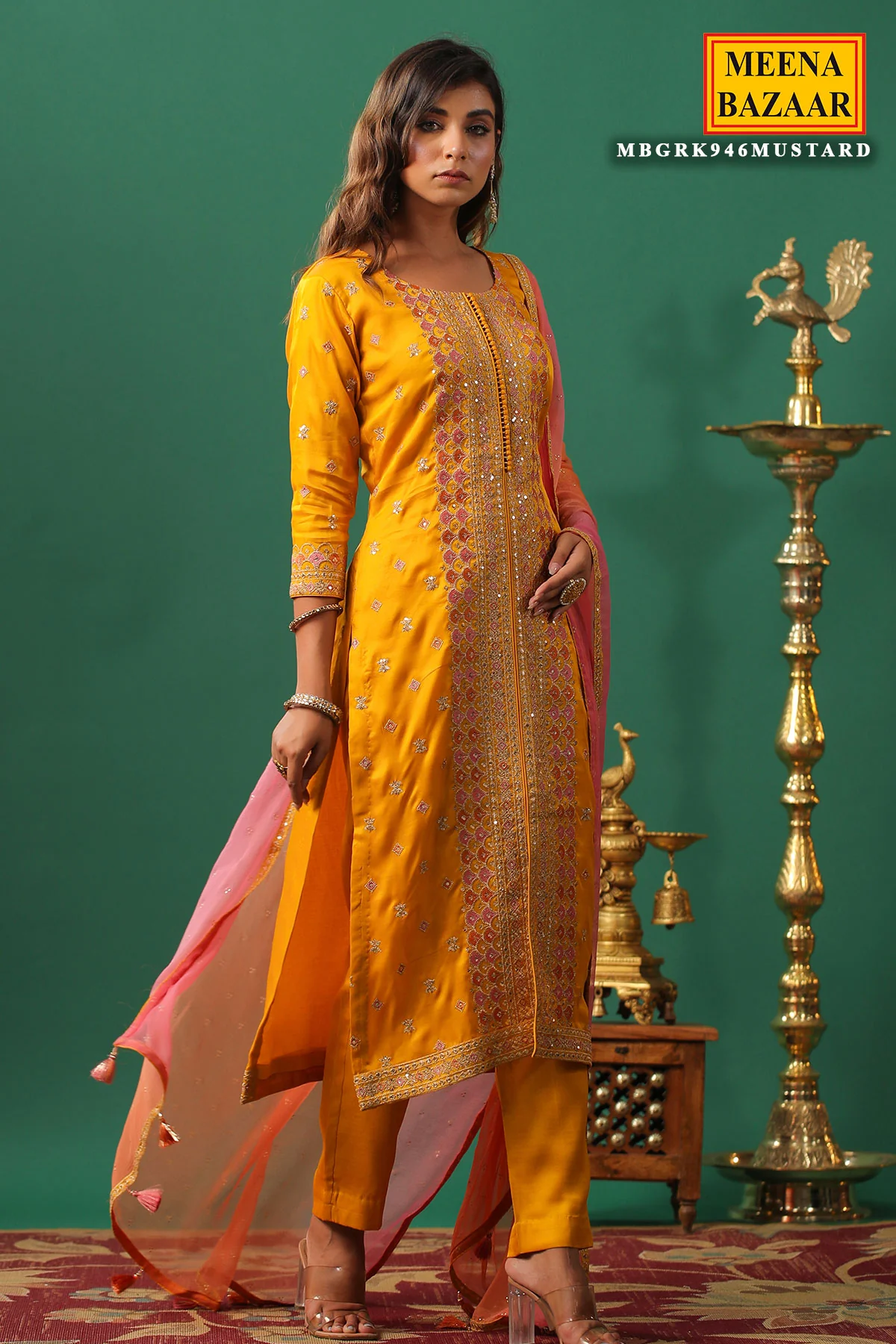 Mustard Silk Zari and Sequins Embroidered Unstitched Suit - Image 5