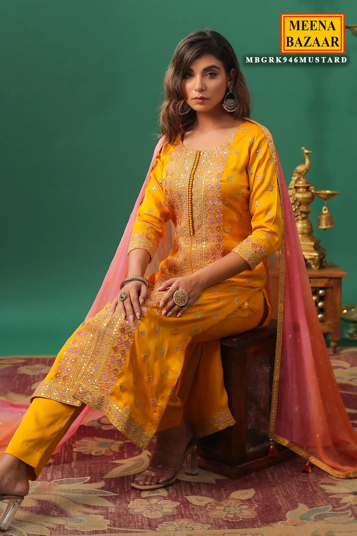 Mustard Silk Zari and Sequins Embroidered Unstitched Suit - Image 6