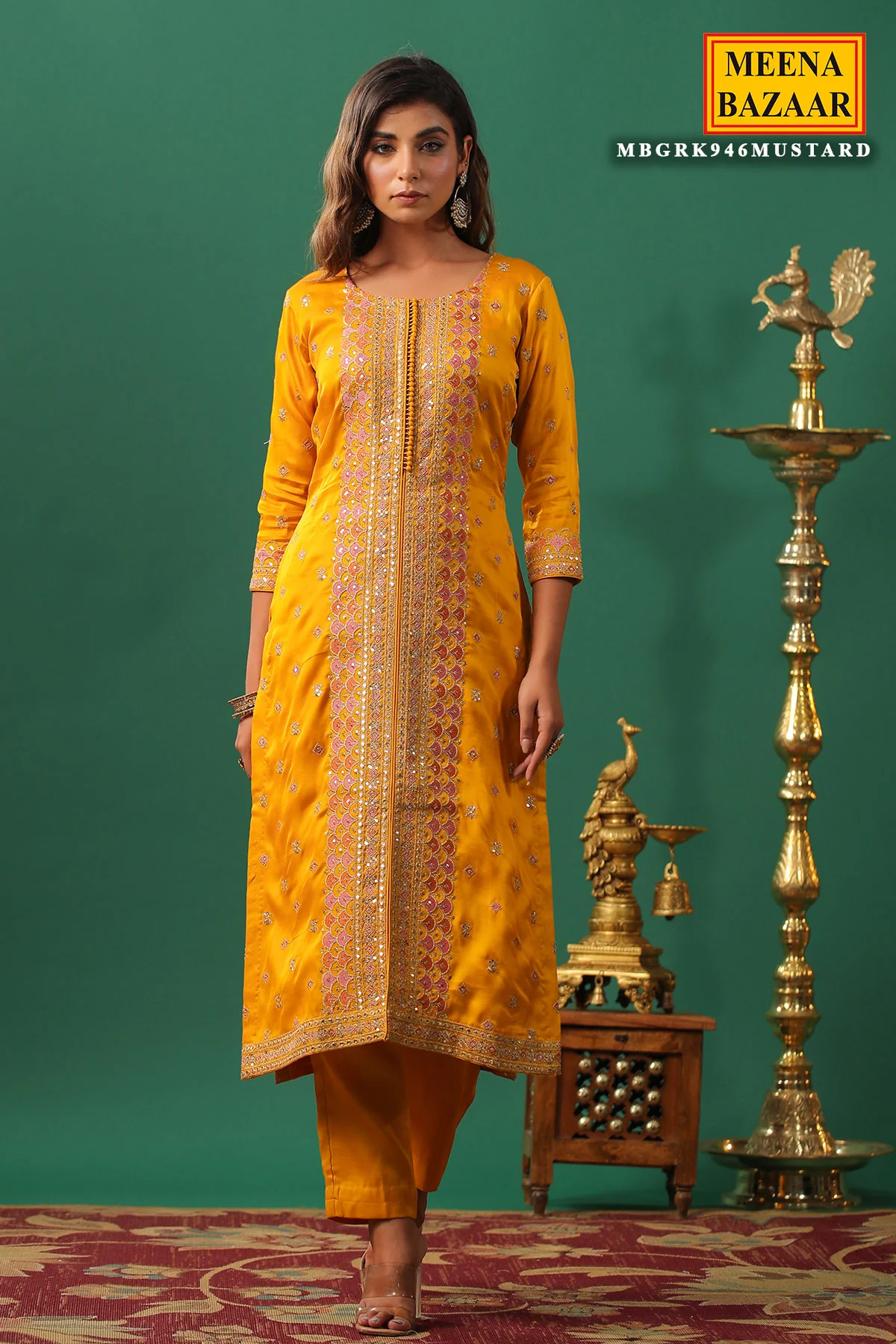 Mustard Silk Zari and Sequins Embroidered Unstitched Suit - Image 7