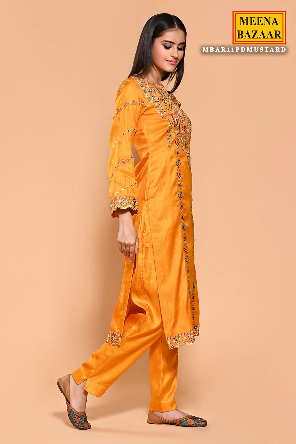 Mustard Thread, Sequin Embroidered Silk Unstitched Suit - Image 4