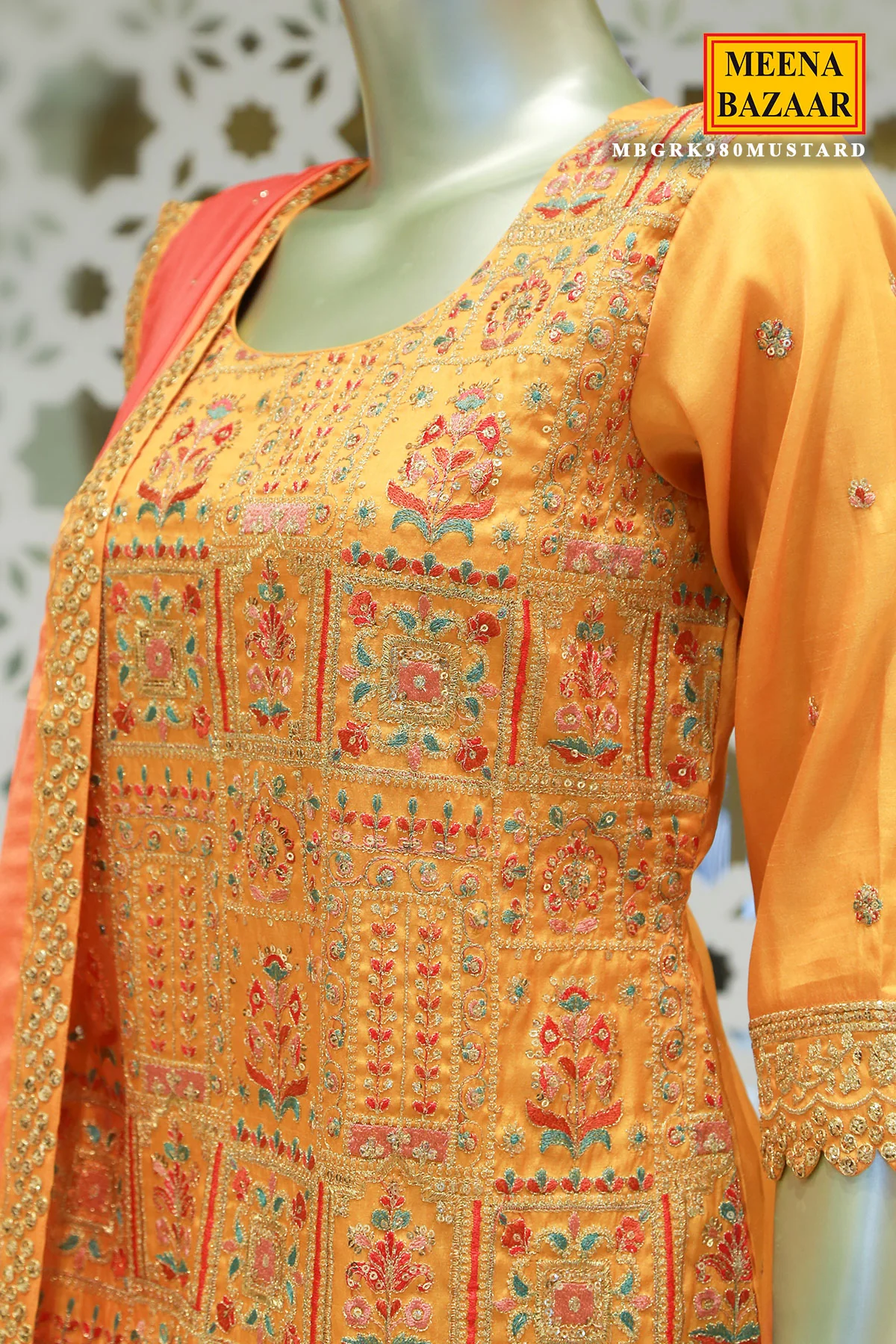 Mustard Tussar Silk Sequin Embroidered Unstitched Suit - Image 3