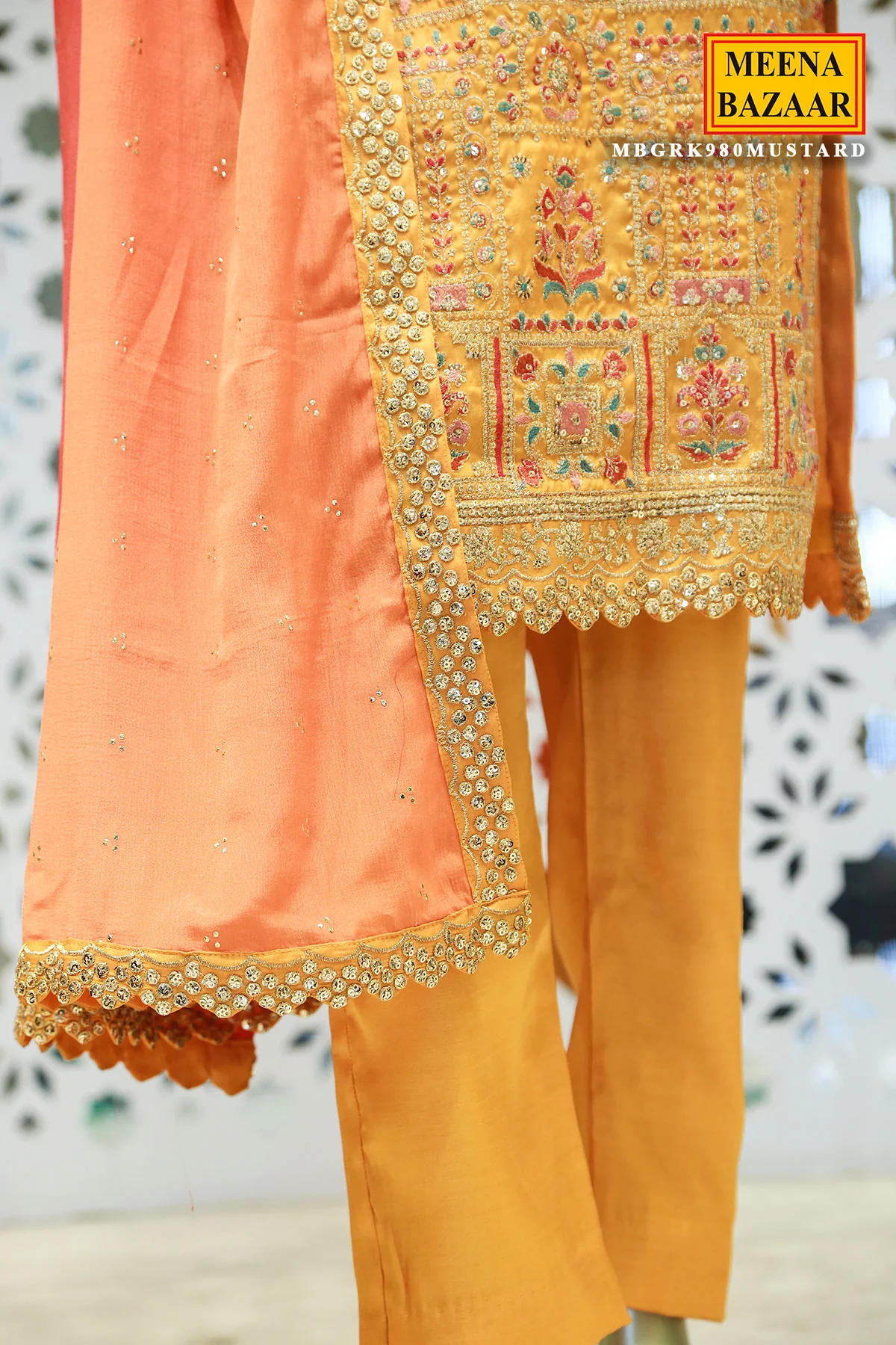 Mustard Tussar Silk Sequin Embroidered Unstitched Suit - Image 4