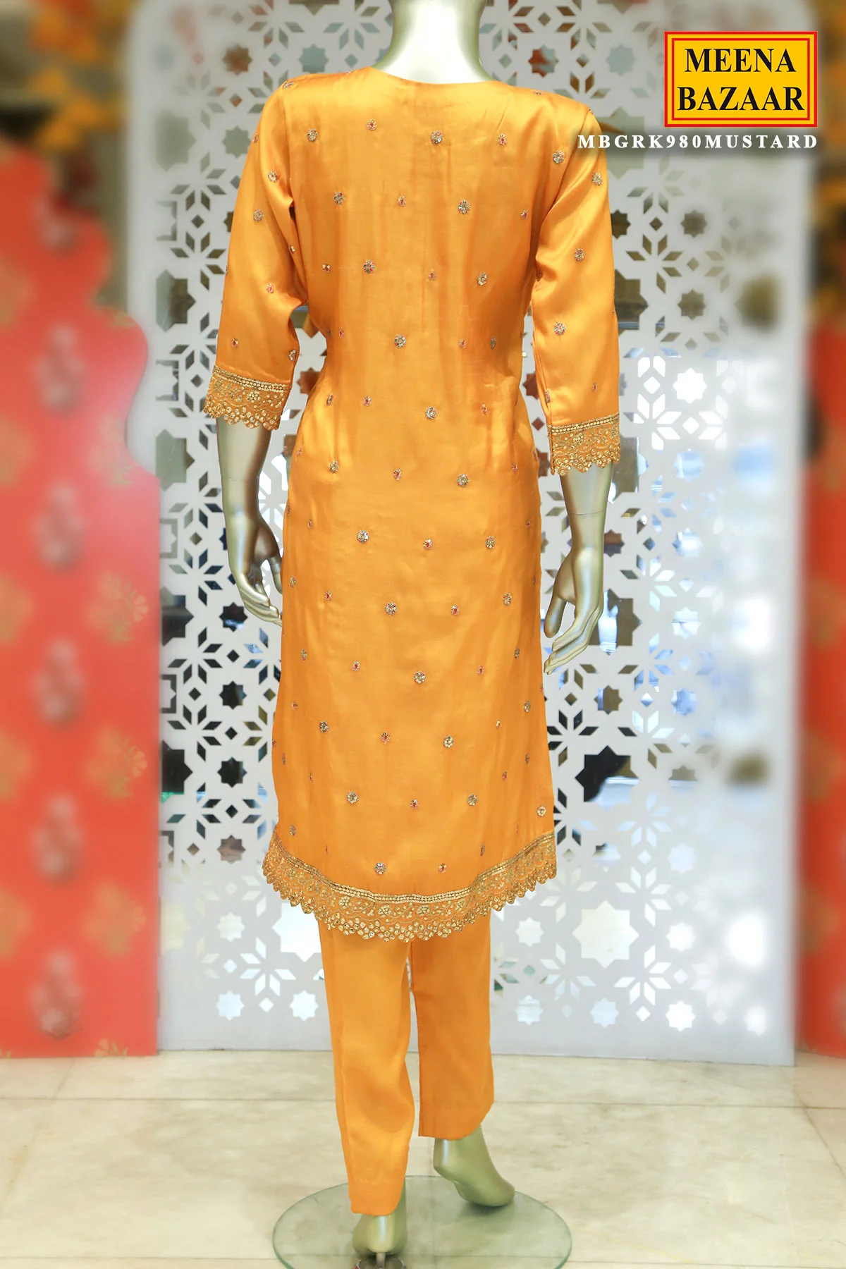 Mustard Tussar Silk Sequin Embroidered Unstitched Suit - Image 5