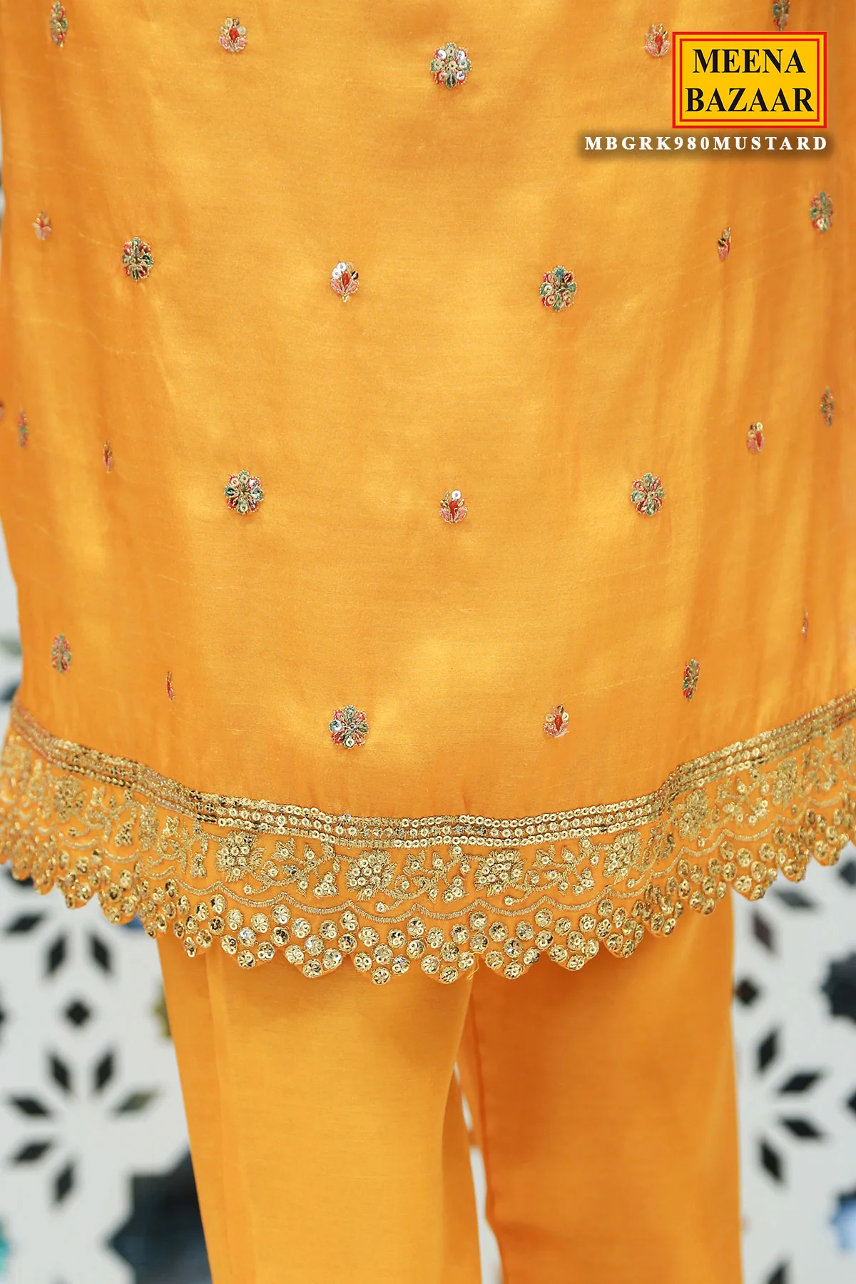 Mustard Tussar Silk Sequin Embroidered Unstitched Suit - Image 6