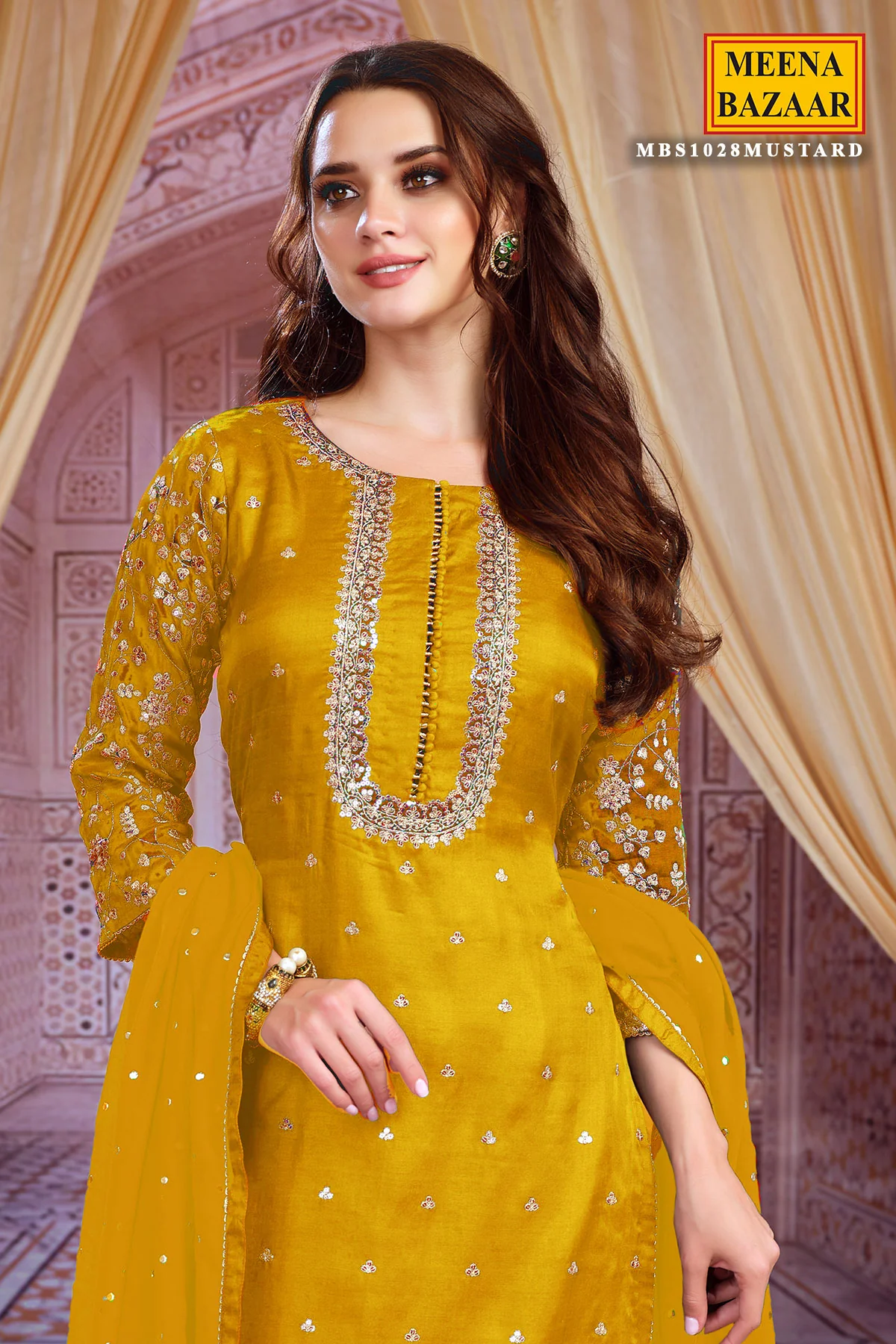 Mustard Zari and Sequins Embroidered Unstitched Suit - Image 2