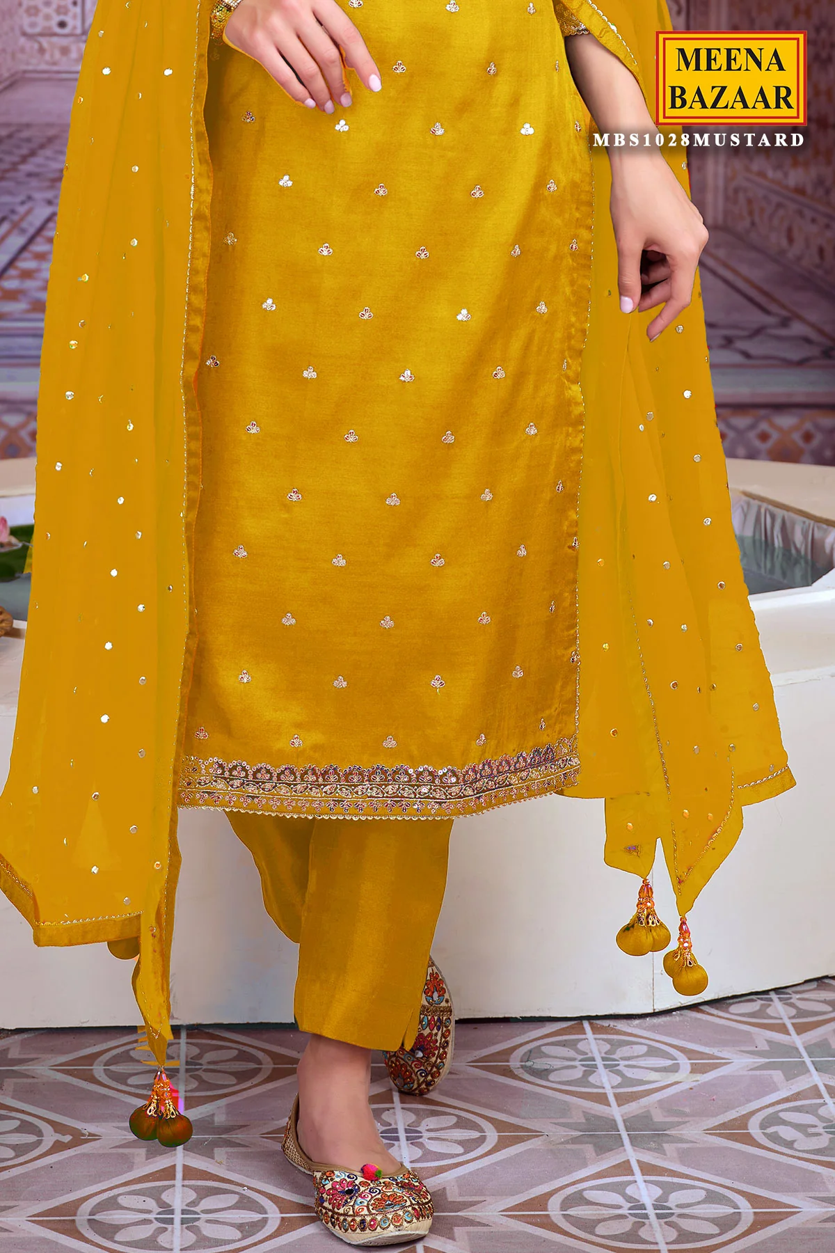 Mustard Zari and Sequins Embroidered Unstitched Suit - Image 3