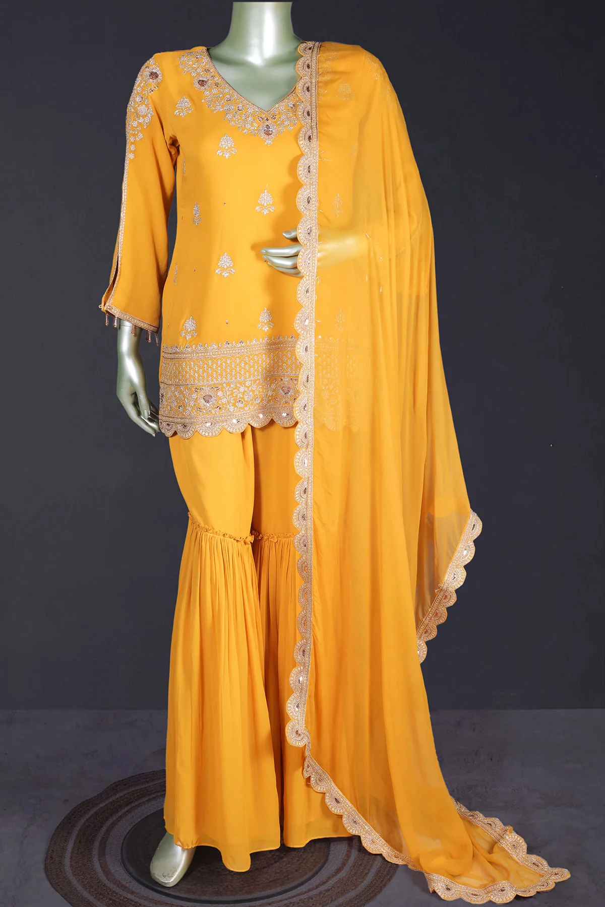 Mustard Zari Sequin Embroidered Georgette Gharara Suit Set - Image 10