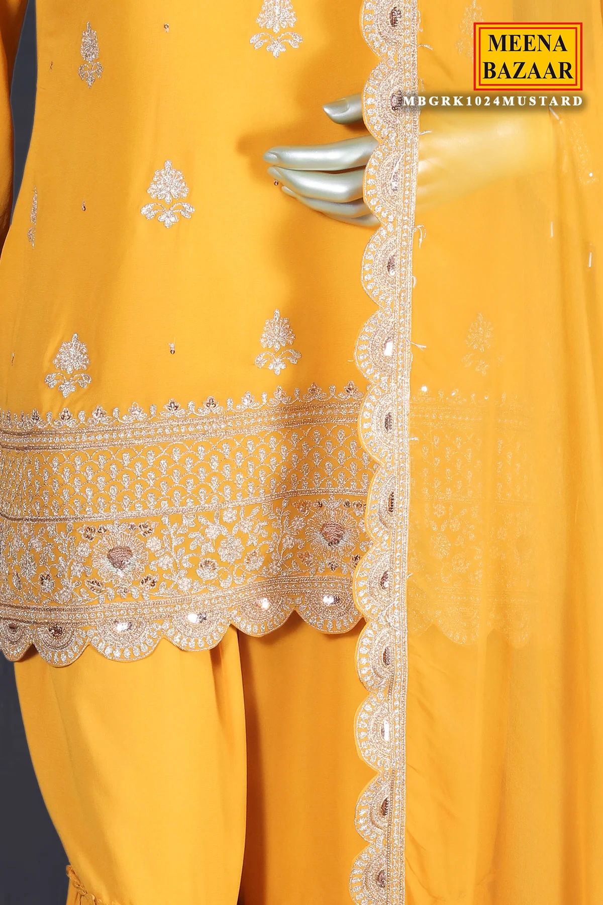 Mustard Zari Sequin Embroidered Georgette Gharara Suit Set - Image 12