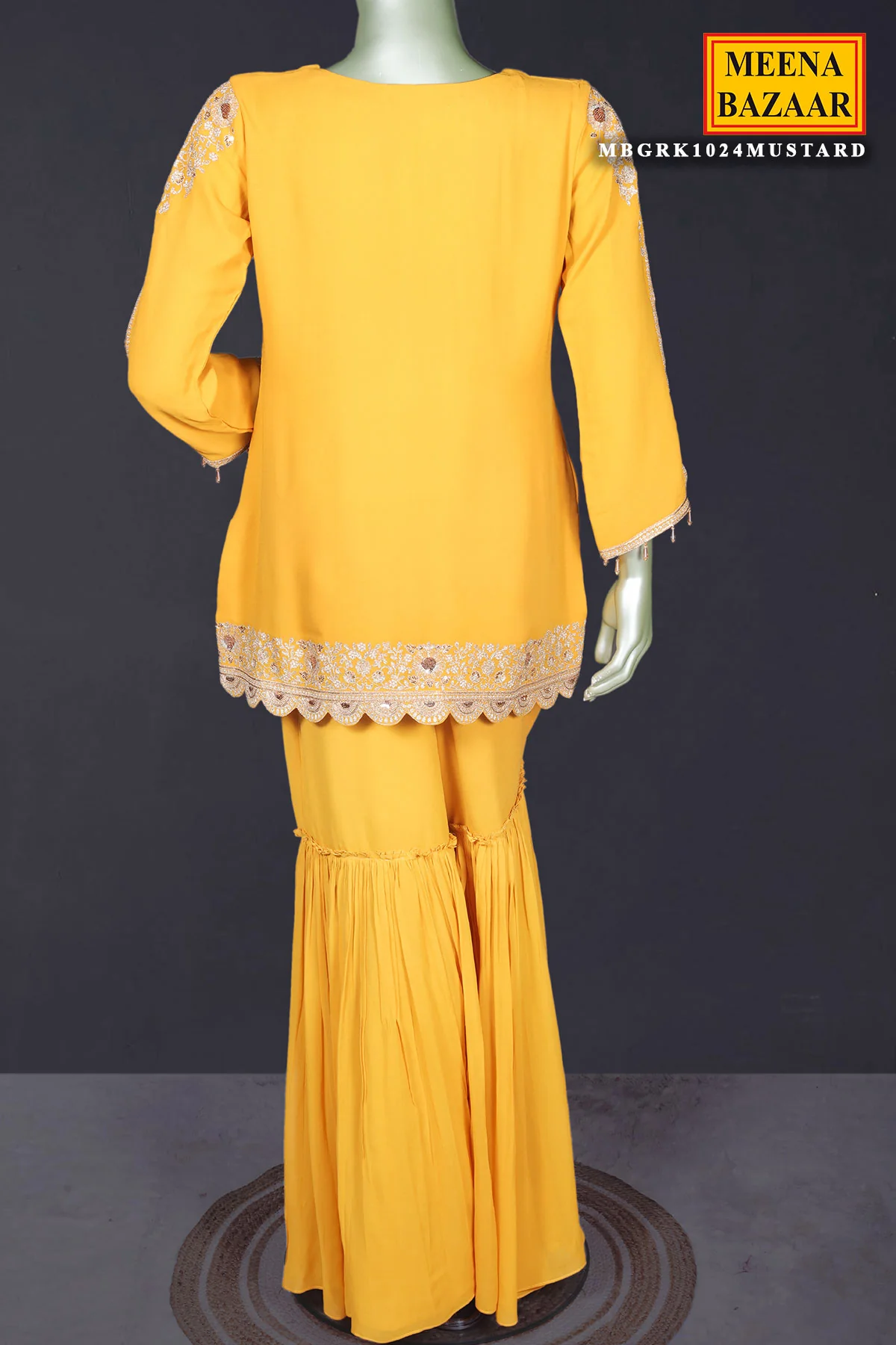 Mustard Zari Sequin Embroidered Georgette Gharara Suit Set - Image 17